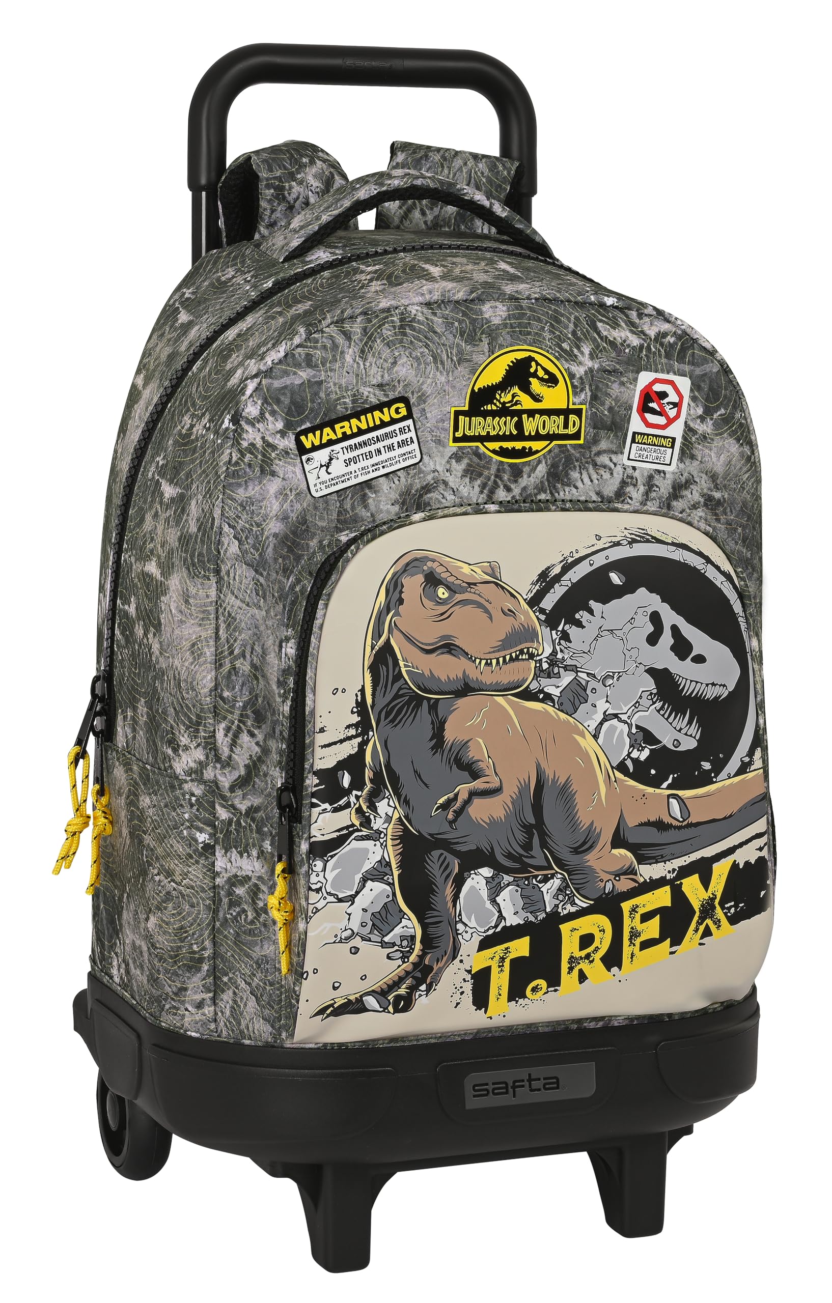 Safta JURASSIC WORLD WARNING - Mochila Grande con Ruedas, Compacta, Extraíble, Ideal para Niños de Diferentes Edades, Cómoda y Versátil, Calidad y Resistencia, 33x22x45 cm, Color Gris