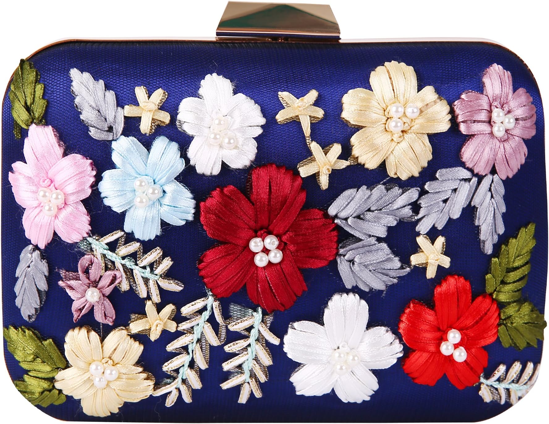 Embroidery With Rhinestone Evening Bag Ball Clutch Purse (Navy Blue)