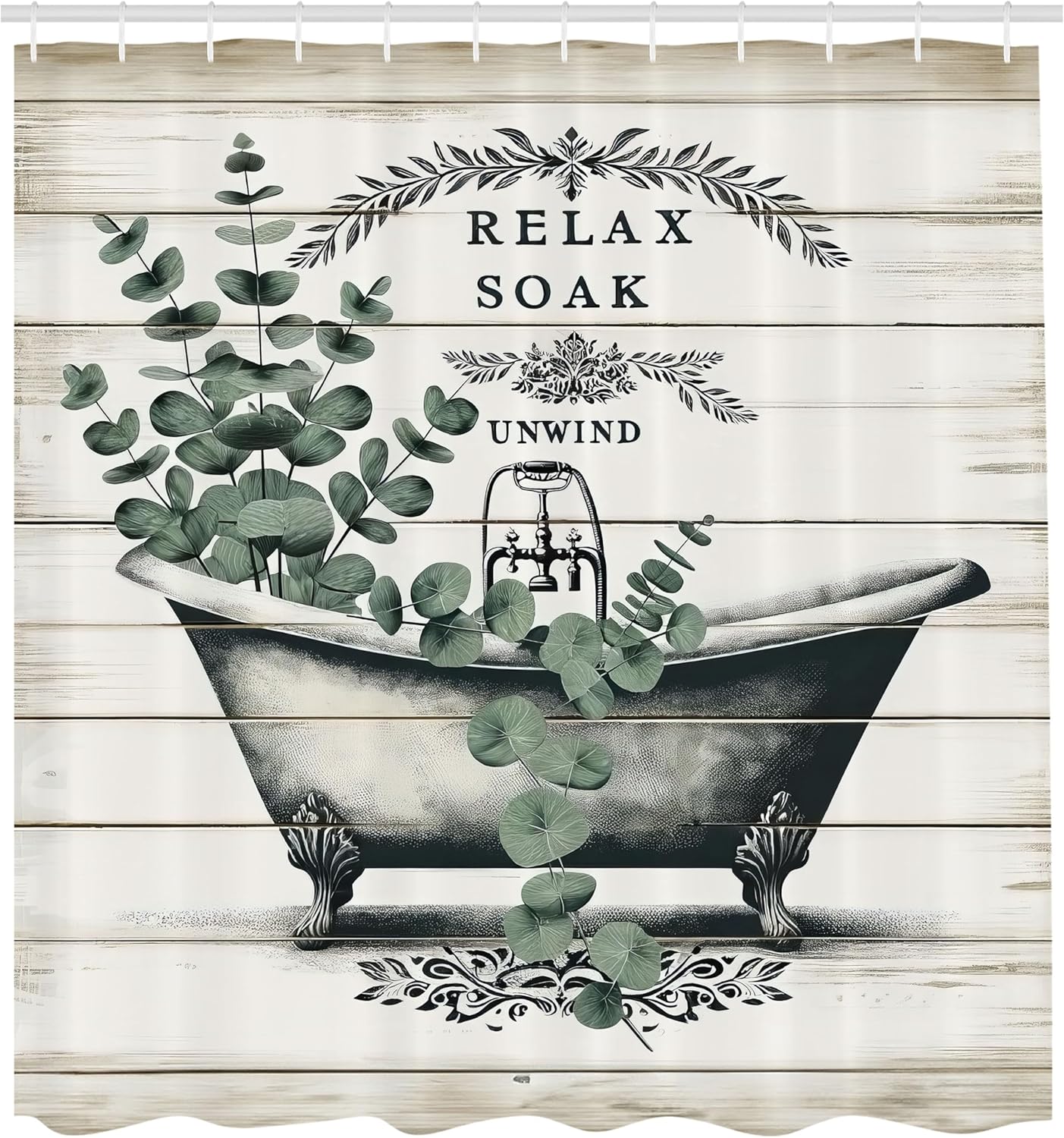 Ambesonne Farmhouse Shower Curtain, Vintage Style Bathtub and Eucalyptus Branches on Rustic Wooden Planks, Cloth Fabric Bathroom Decor Set with Hooks, 69" W x 70" L, Laurel Green Off White