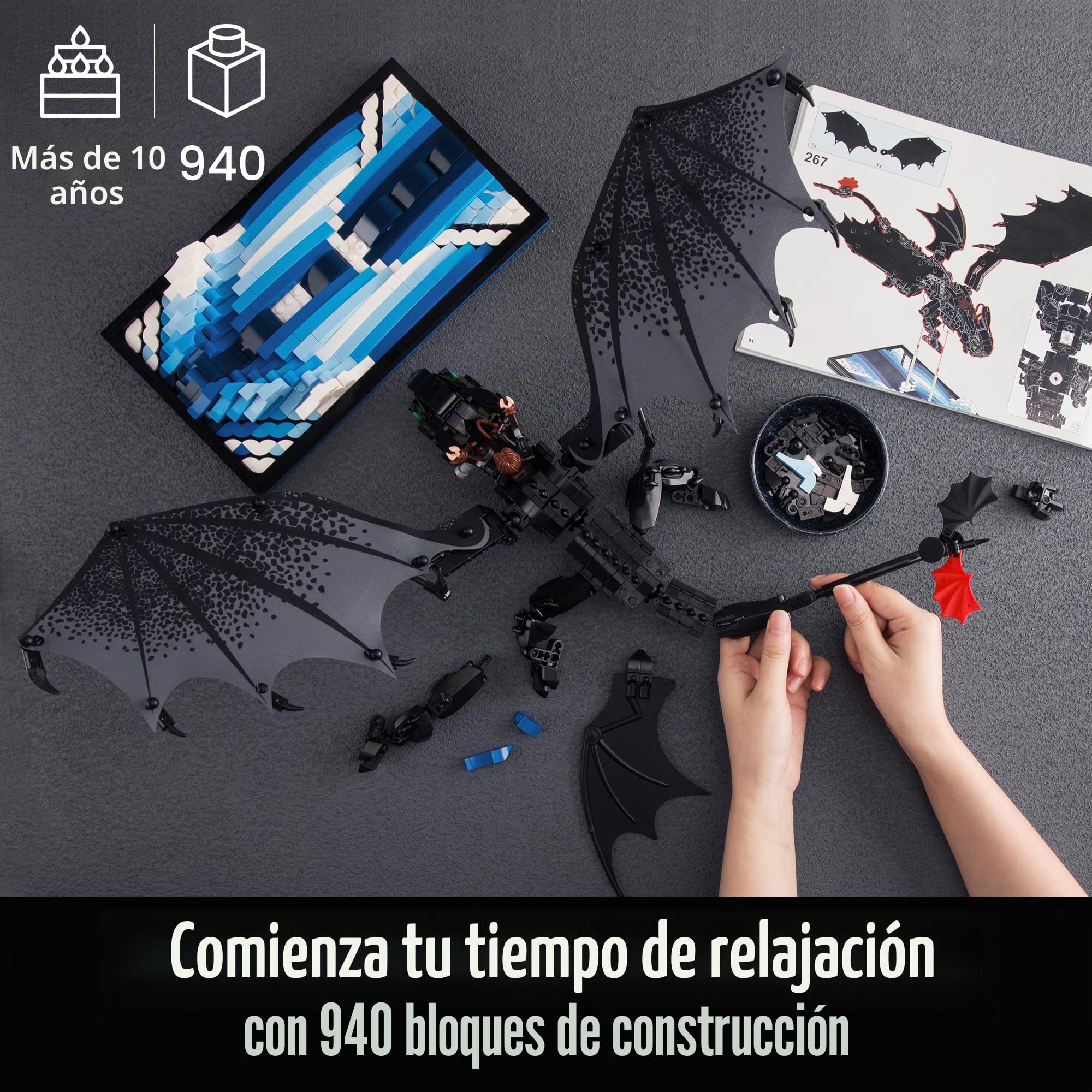 VEPOWER Set de bloques de construcción de dragón para niños a partir de 10 años, dragón de fantasía negro para construir y exhibir, modelo de dragón con base de exhibición, regalo para jóvenes y