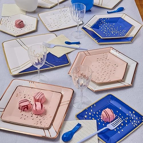Miniatura 3 de Platos desechables de diseño abstracto (18 piezas) platos de papel resistentes de 10 pulgadas, suministros de fiesta de oro rosa para baby showers,