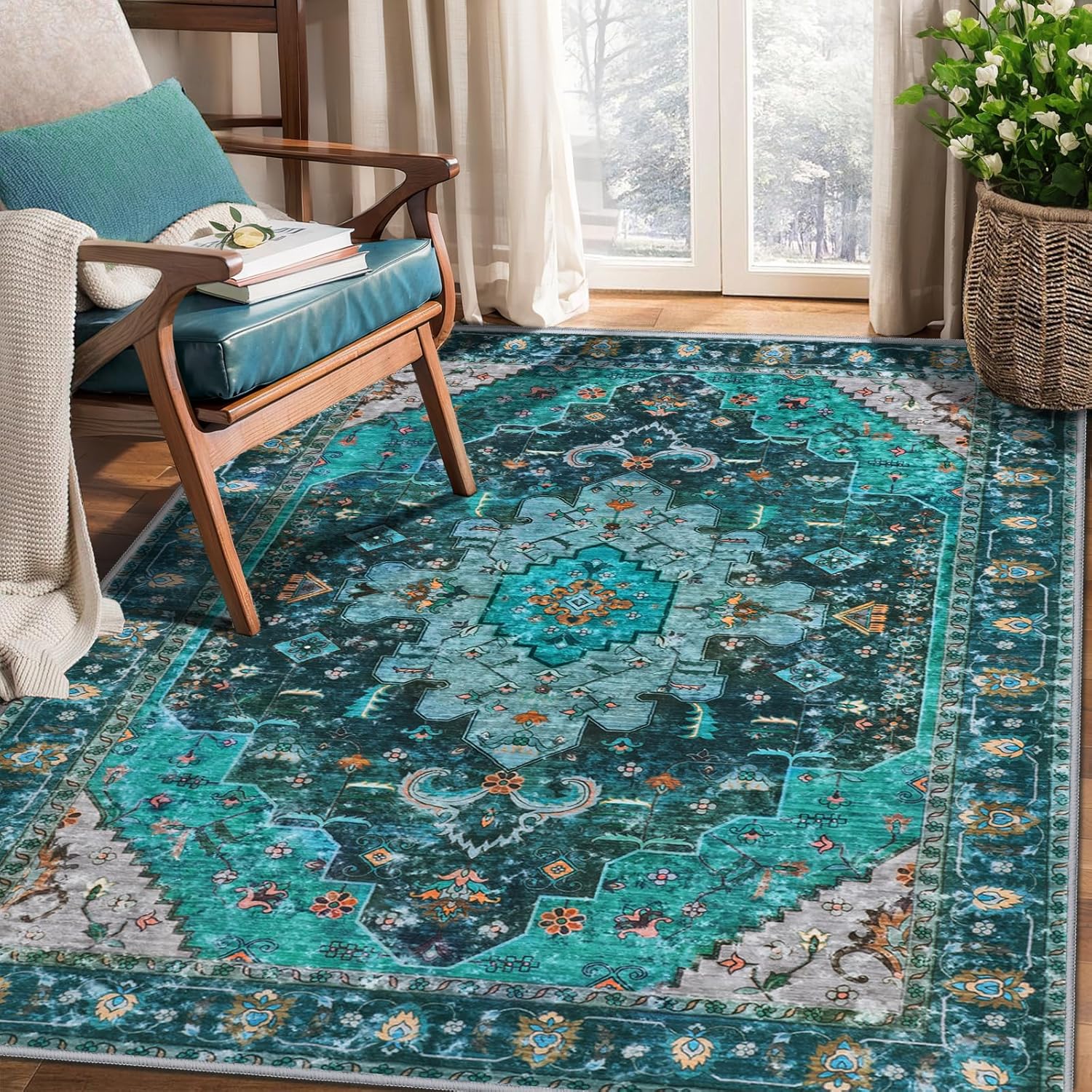 Ciicool Washable Area Rug 3x5 Teal Boho Bedroom Rug Non-Slip Oriental Entry Throw Low-Pile Indoor Floor Carpet for Living Room Laundry Foyer Decor(Teal/Multi)