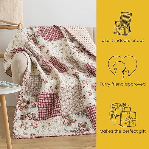 Miniatura 6 de SLPR Manta acolchada de algodón, 50 x 60 pulgadas, colcha floral de retazos de granja, colcha de retazos Shabby Chic para sofá, rosas campestres