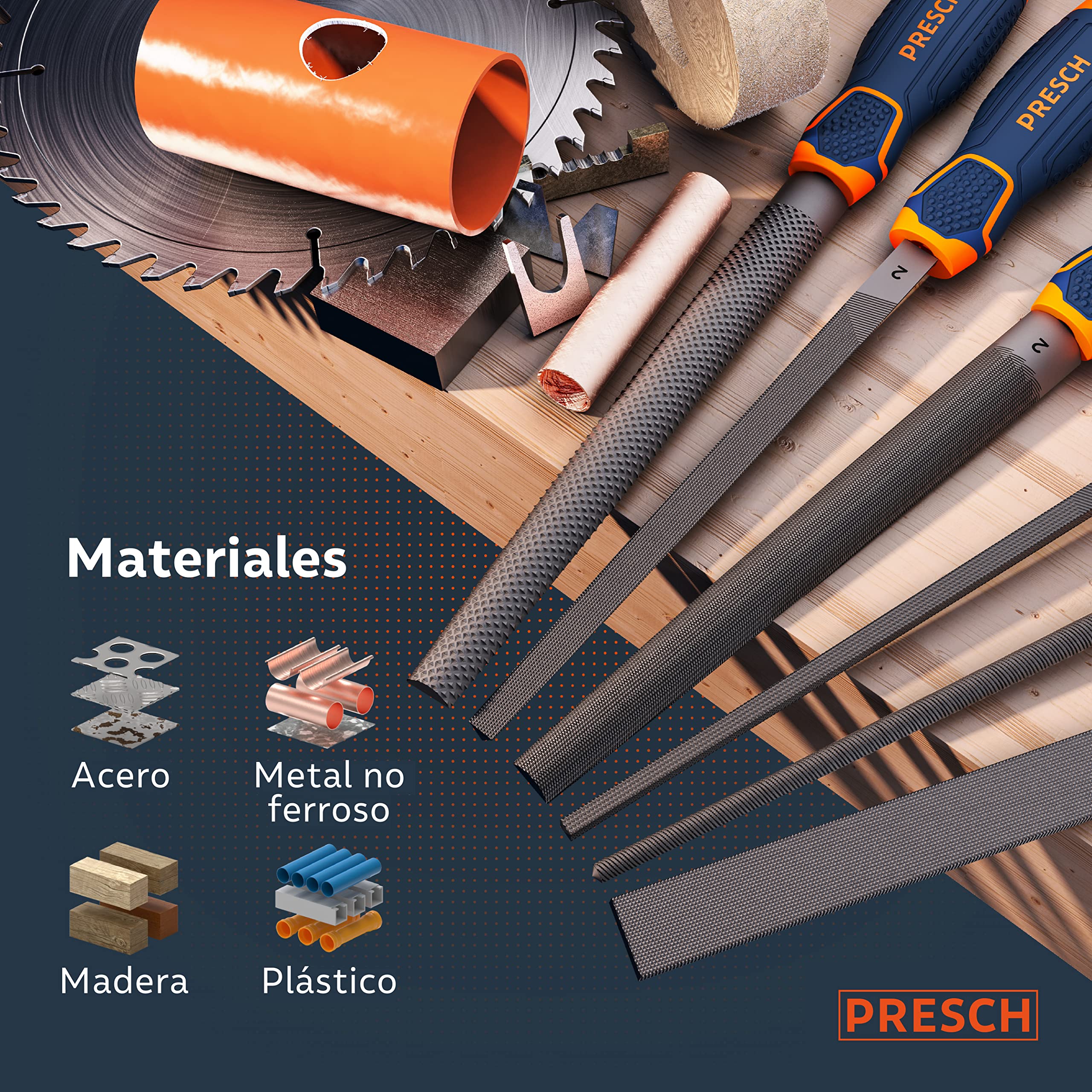 Presch Juego de limas para metal y madera 6 piezas con bolsa - Juego de limas incl. escofina de media caña, lima plana de muñón, lima de media caña, lima redonda, lima triangular y lima cuadrada
