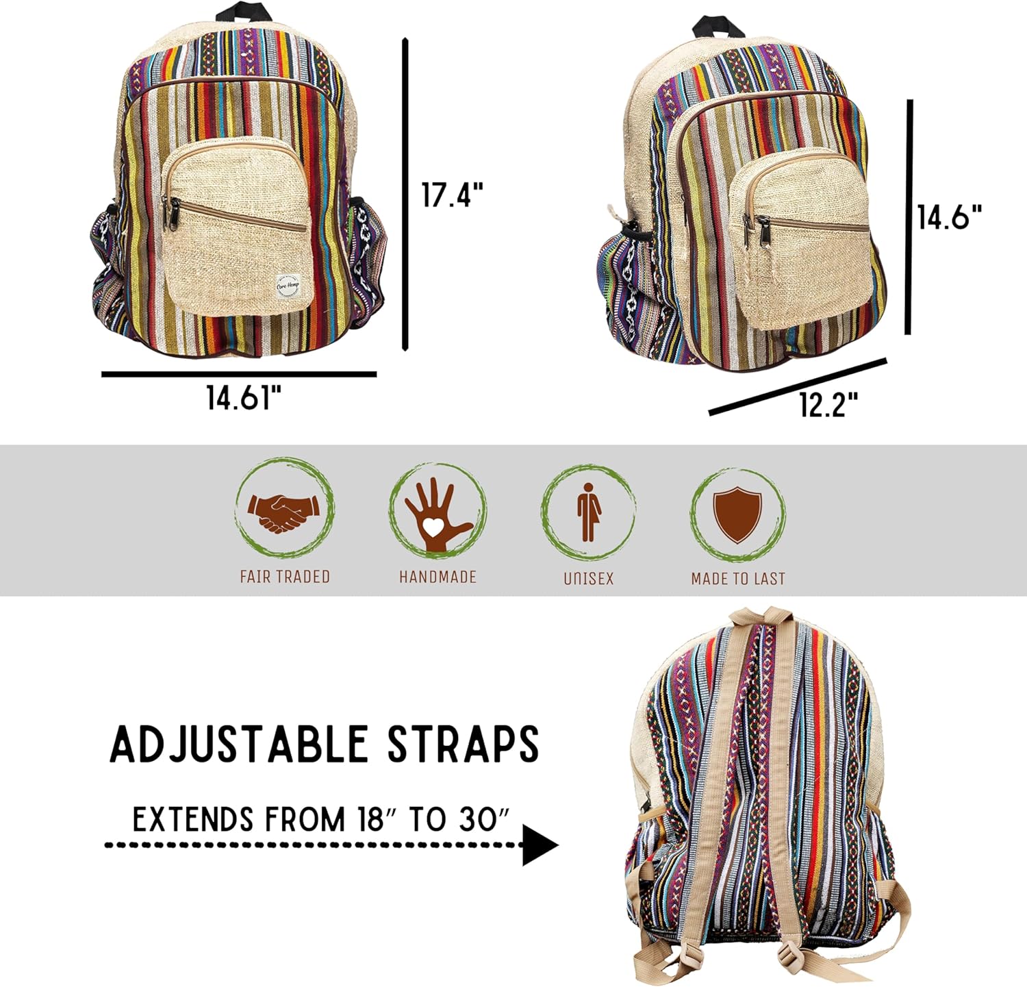 Large Boho Hippie Hemp Backpack - Lightweight Multi-Pocket Bookbag for College, Travel, and Hiking, Fits up to 15.6" Laptop, For Men and Women - Image 2