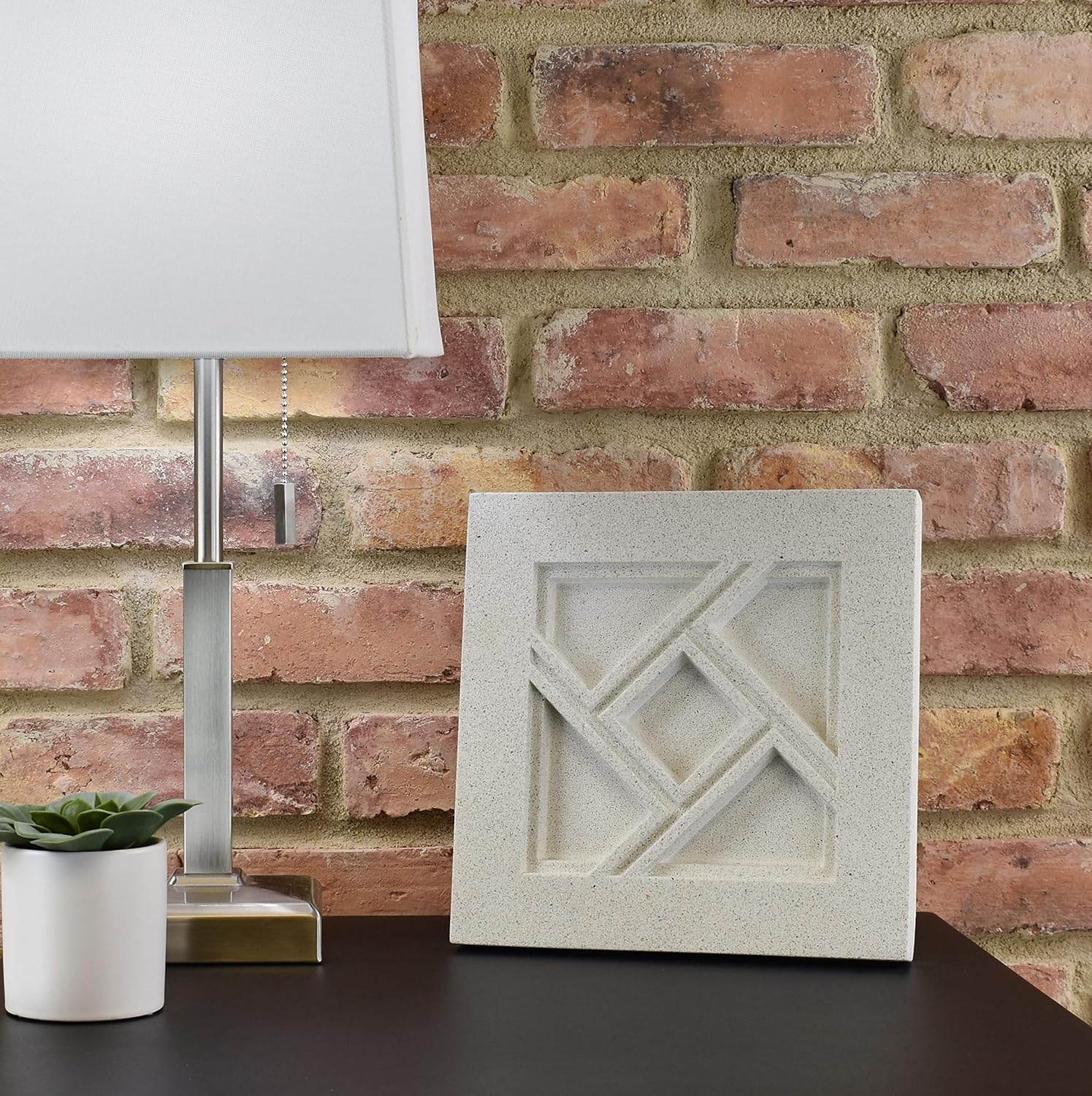 Sculpted Architectural Bas Relief 3D Tile Plaque Ornament, Solid Cast Stone, Radiant Design, 9.5"x9.5" for Wall Hanging or Tabletop Display (White with Support Leg)