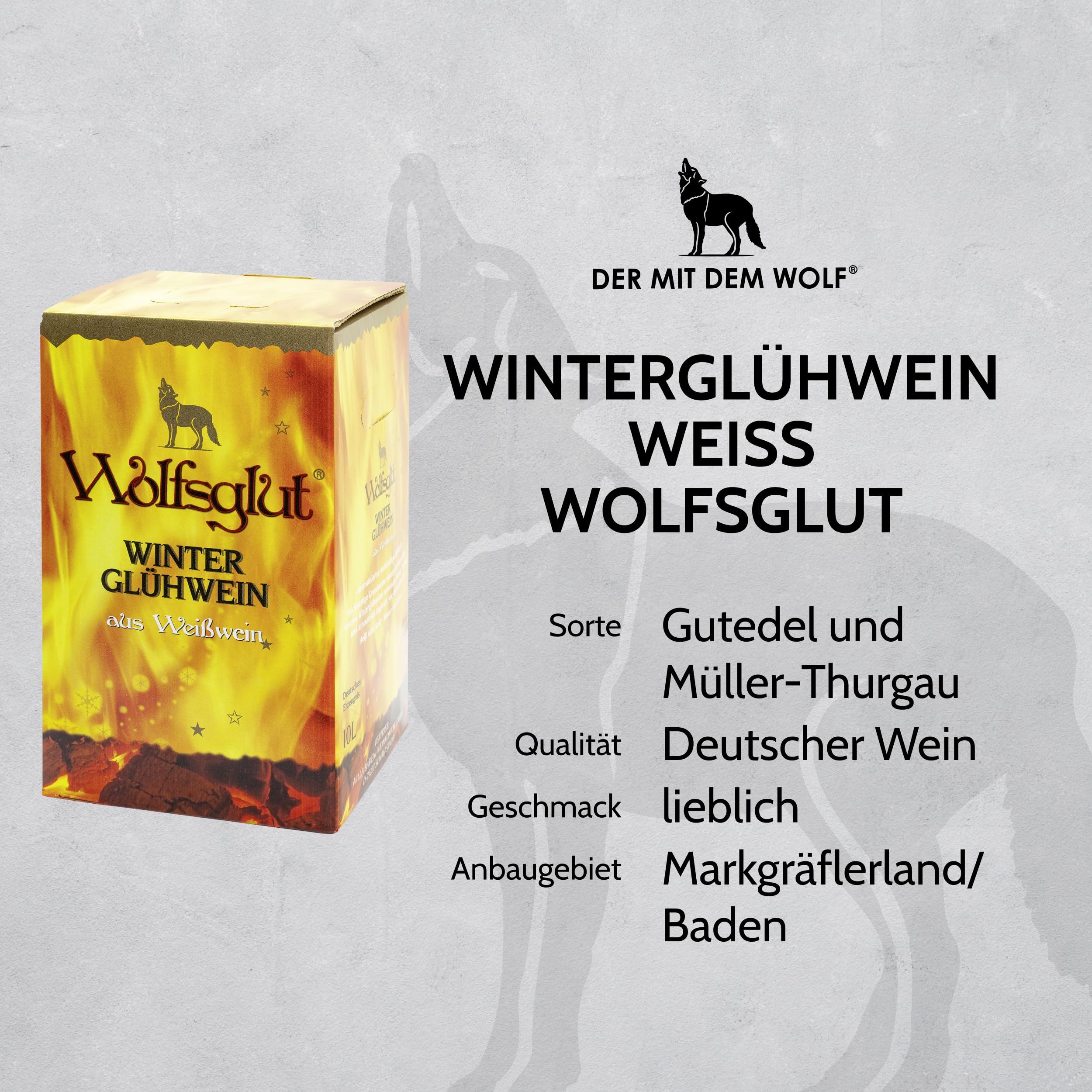 Winterglühwein WOLFSGLUT - Glühwein weiß mit winterlichen Aromen nach Vanille und Zimt ideal für die Winterzeit, ein weißer Glühwein aus Baden, 1 x 10 l Bag-in-Box