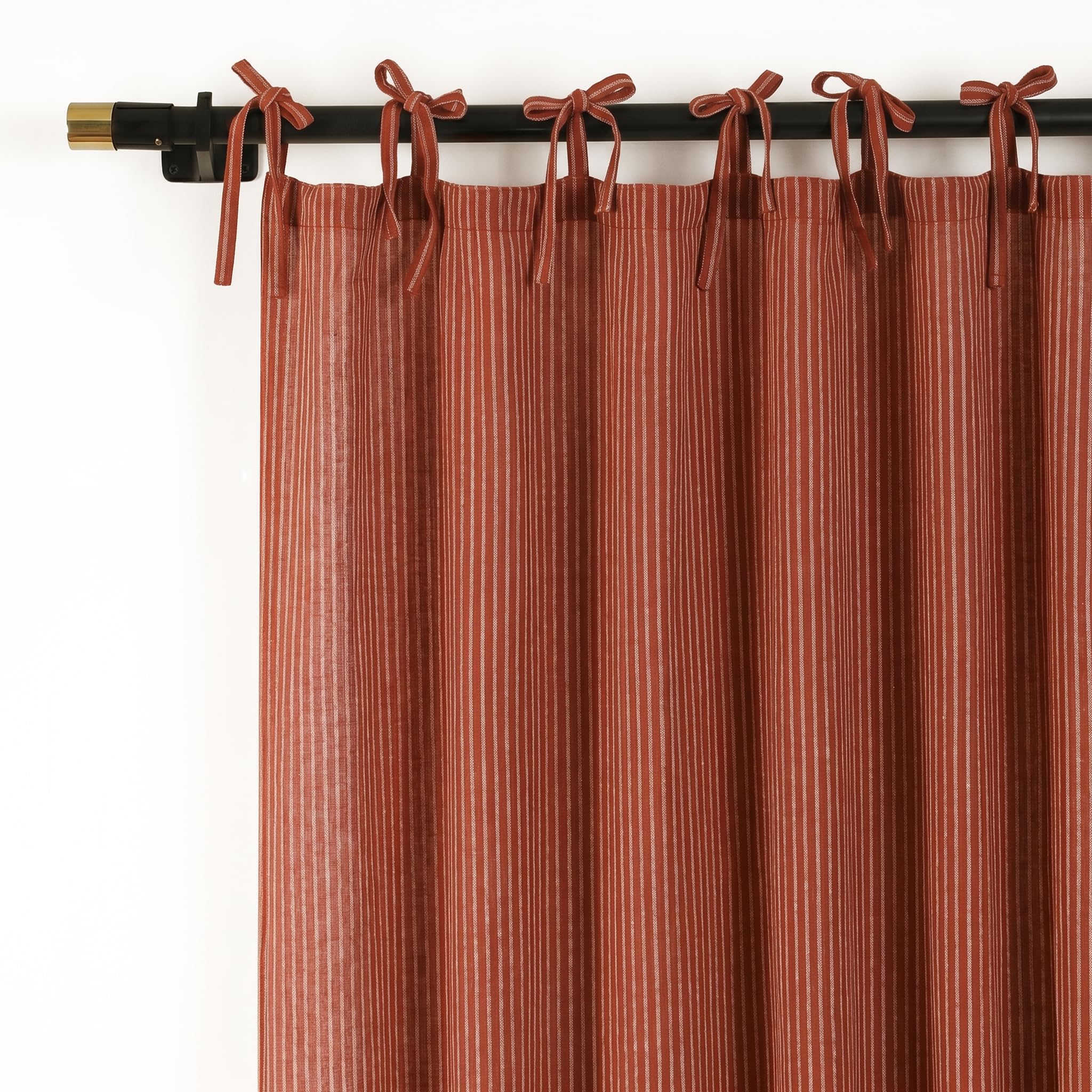 THE ART BOX Gauze Striped Curtains, Boho Linen Blend Gauze Tie Top Hanging Curtains 2 Panel Set, Light Filtering Door Window for Bedroom/Living Room Brick Red on White (L84βxW42β Each Panel)