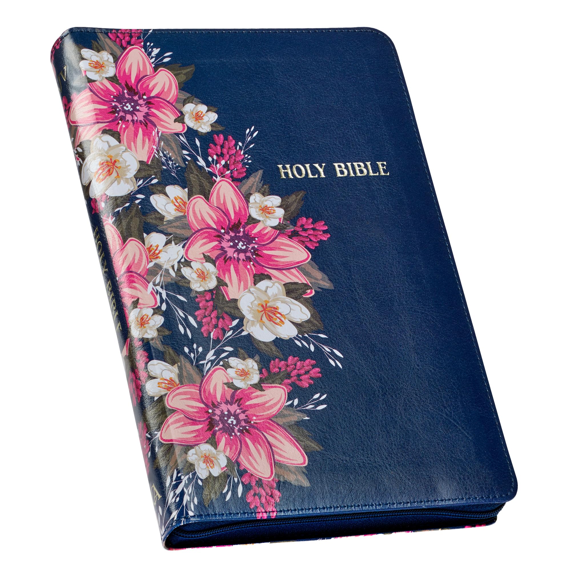 KJV Holy Bible Standard Size Faux Leather Red Letter Edition Thumb Index & Ribbon Marker, King James Version, Blue Floral, Zipper Closure