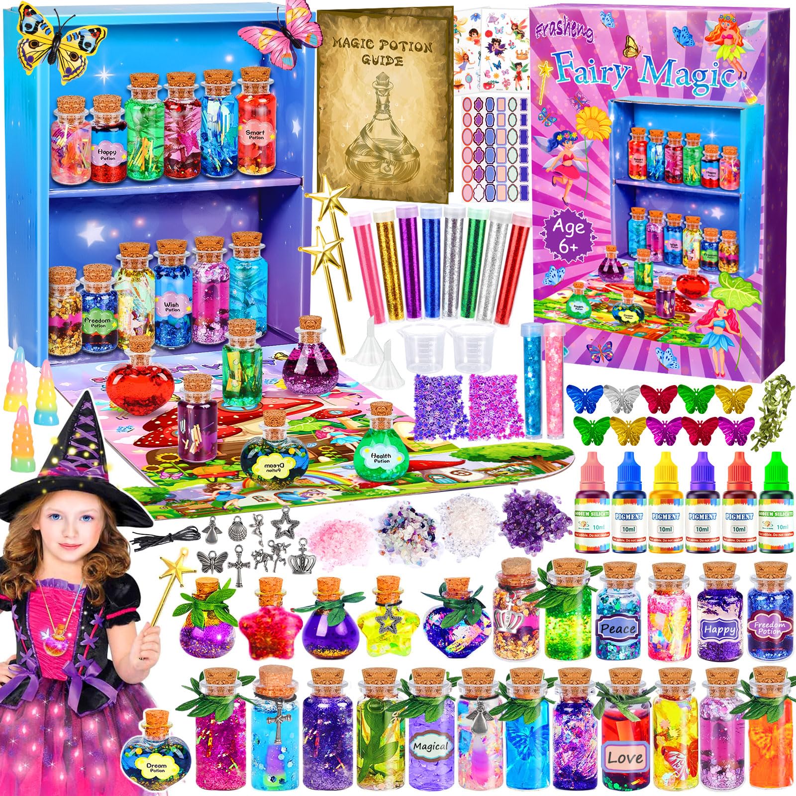 Frasheng Magische toverdrank knutselset voor kinderen Creatief cadeau meisje 6-11 jaar, 24 toverdrankflessen kristallen toverdrankset kinderen diy creatief cadeau voor kinderen, toverdrankknutselset