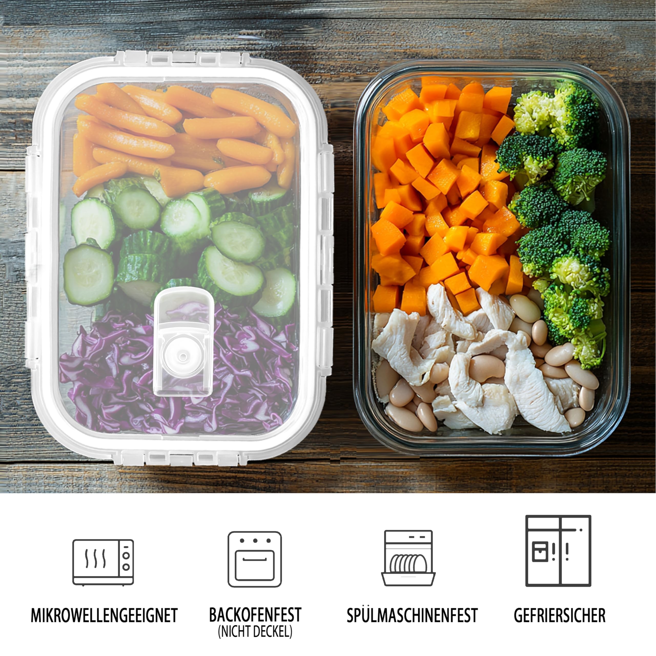 Juego de 4 recipientes de cristal con tapa y cuenco de cristal con tapa, 680 ml, herméticos, aptos para microondas y lavavajillas, sin BPA, vasos de almacenamiento