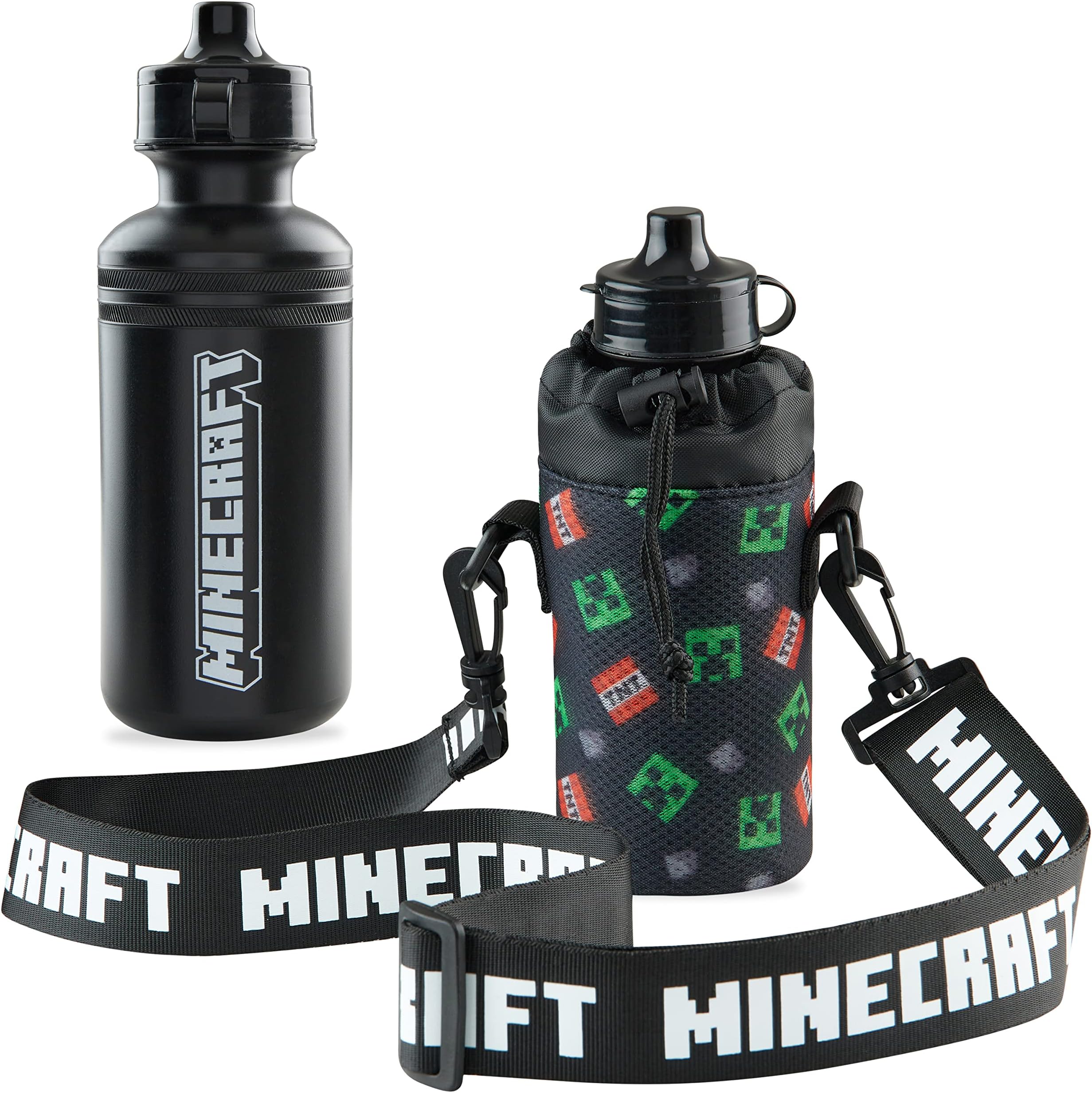Minecraft Kids Water Bottles with Adjustable Strap Bottle Holder 550ml Plastic Boys Water Bottle Creeper BPA Free Sports School Reusable Bottle Kids Drink Bottle
