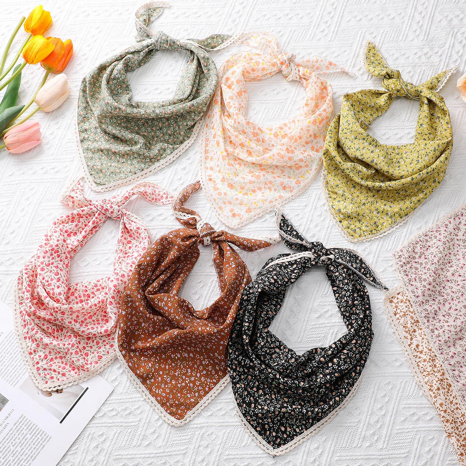 Kinlop 8 szt. kwiatowych bandan do włosów opaska na głowę trójkątny boho szalik do włosów opaska na głowę kwiatowy nadruk szyfonowa chusta na głowę kwiatowa chusta do włosów dla kobiet dziewczyn