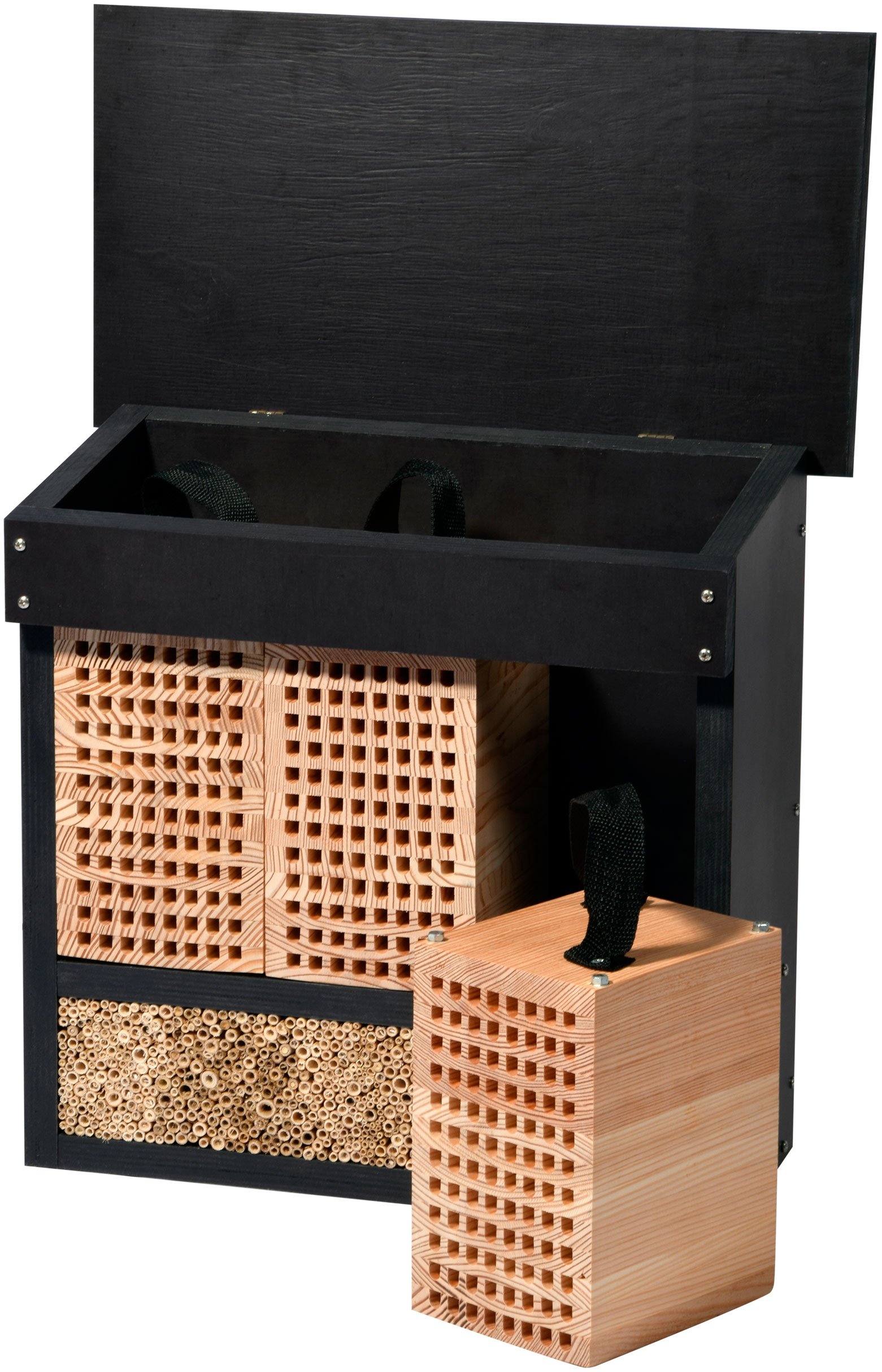 LUXUS-INSEKTENHOTELS 22700e Großes Profi-Wildbienenhotel - Wildbienen-Nisthilfe Holz - Insektenhotel mit Ständer - Wildbienenhaus mit Lärchenholz und Schilf - 42,5 x 18 x 150 cm - Dunkelbraun