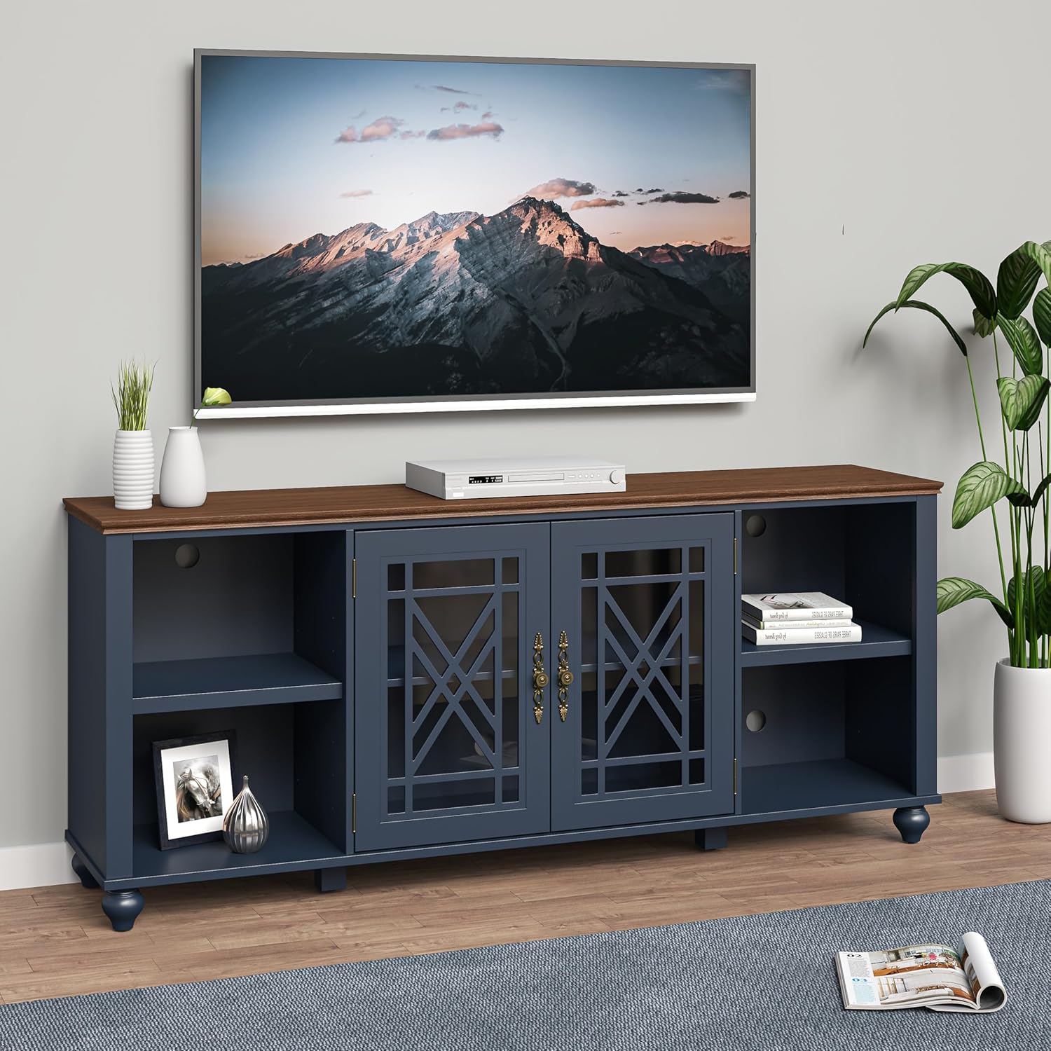 FESTIVITY 70 Inch TV Stand Entertainment Center with 2 Front Glass Doors and Shelf for TVs up to 80", Farmhouse TV Console Table for Living Room & Bedroom (Navy)