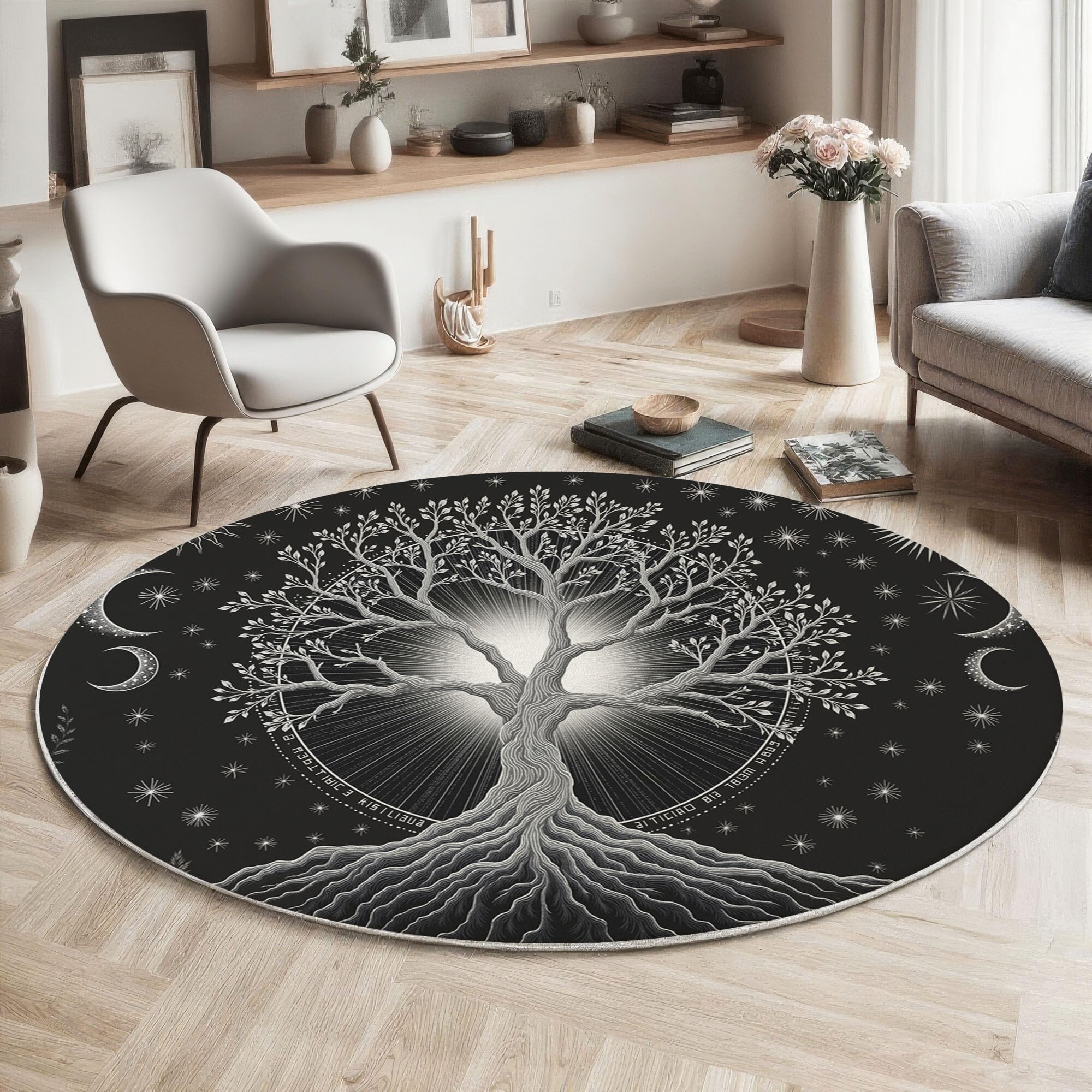 Tapis rond noir et blanc à poils courts facile à nettoyer 120cm