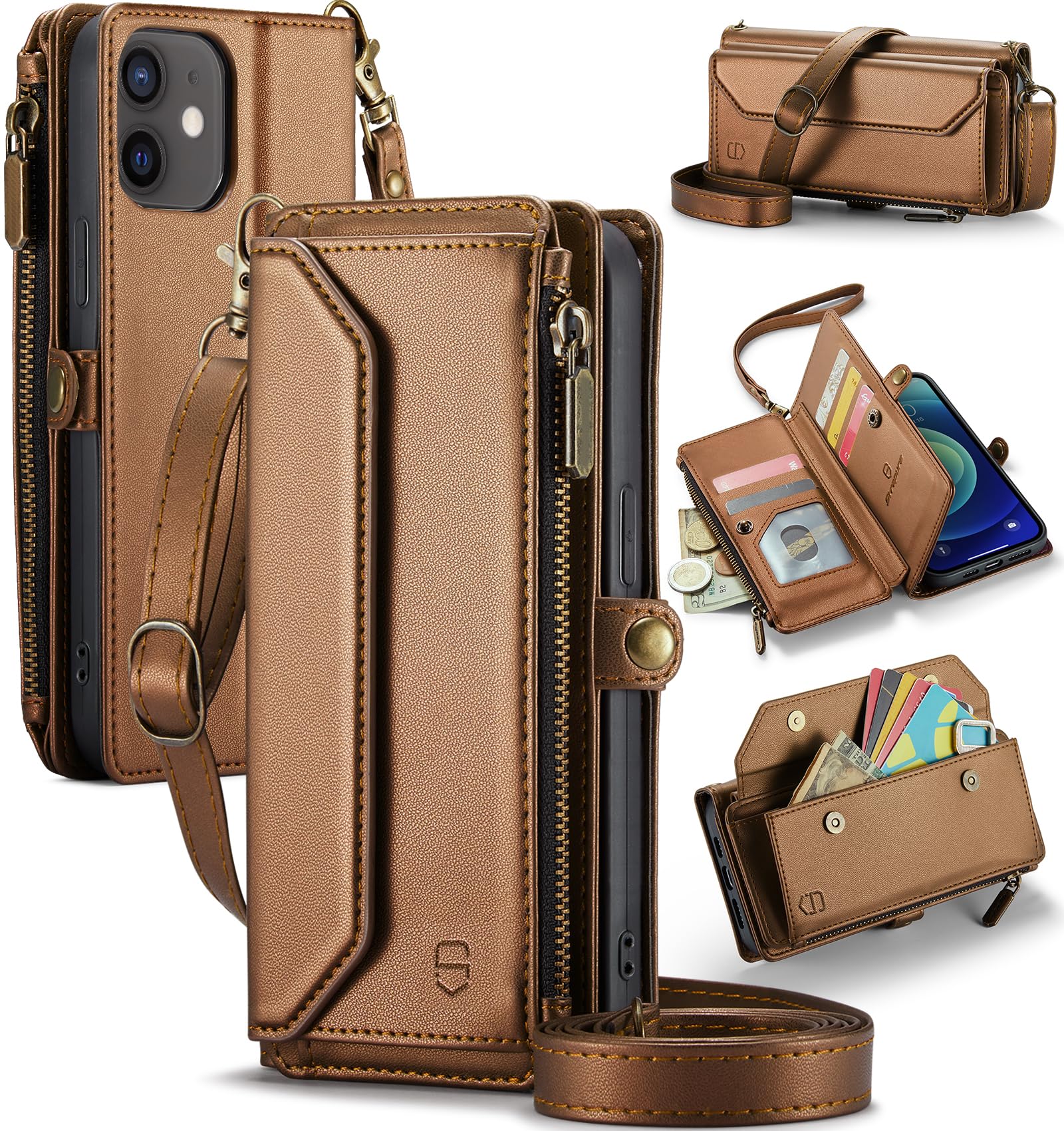 Strapurs Wallet Case Compatible with iPhone 12 / iPhone 12 Pro RFID Blocking 7-Card Holder PU Leather Magnetic Snap Shoulder Strap Zipper Pocket Phone