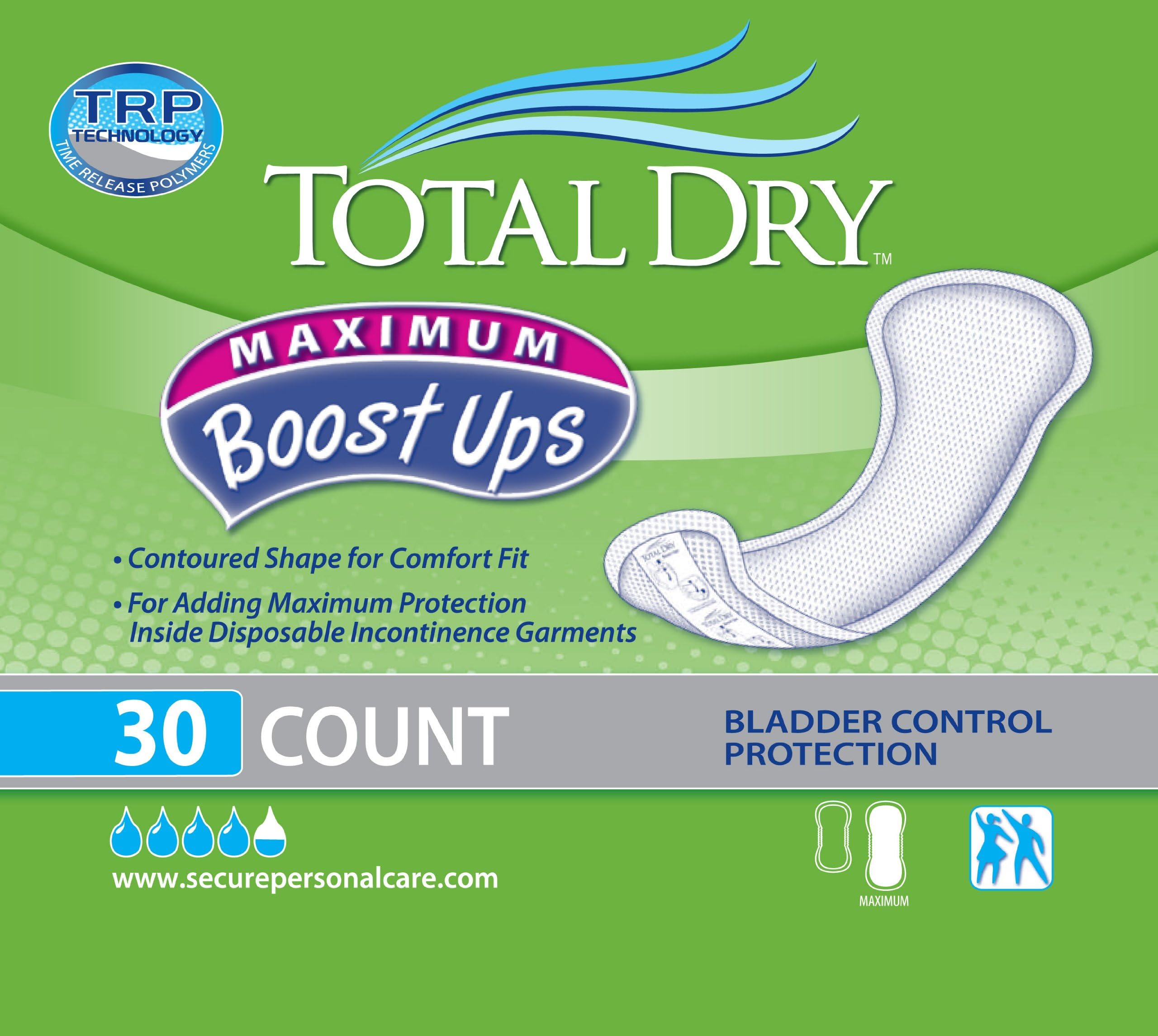 TOTAL DRY Boostups Max Pad 120packs (4bags x 30count), White - 6 1/4" x 13 3/4"