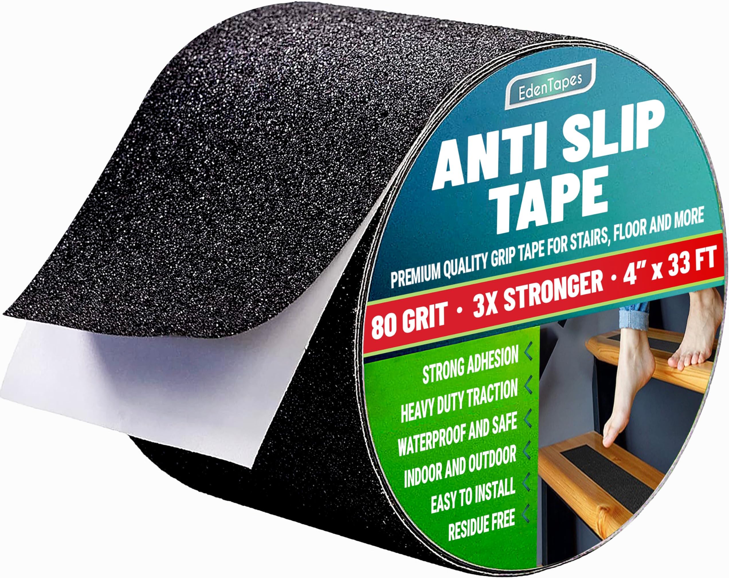 EdenProducts Anti Slip Tape Outdoor Waterproof Heavy Duty (4inx33ft) - Grip Tape for Stairs, Bat, Floor & More - Traction Tape with 80 Grit - Non Skid Tape for Step Treads - Friction Tread Tape