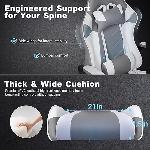 Miniatura 5 de Silla de juegos, silla ergonómica para computadora con reposapiés y soporte lumbar, silla de oficina ajustable en altura con asiento giratorio de