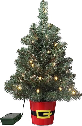 Miniatura 6 de Haute Decor Árbol de 20 pulgadas en maceta Night Night en maceta de metal rojo con cinturón de Papá Noel (nevado con luces transparentes) - Árbol de