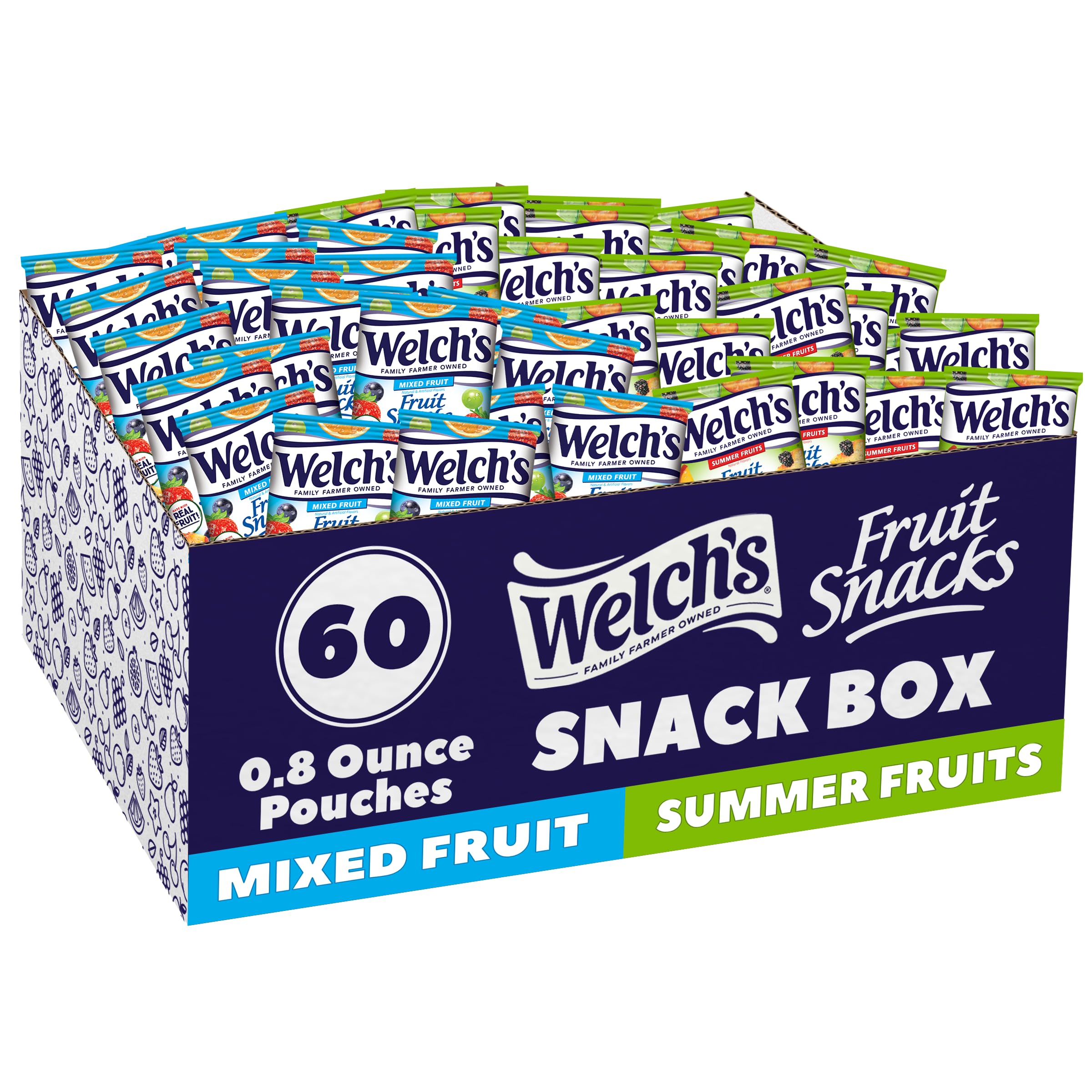 Welch's Fruit Snacks, Mixed Fruit & Summer Fruits Variety Pack, Great for School Lunches, Bulk Pack, Individual Single Serve Bags, 0.8 oz (Pack of 60)