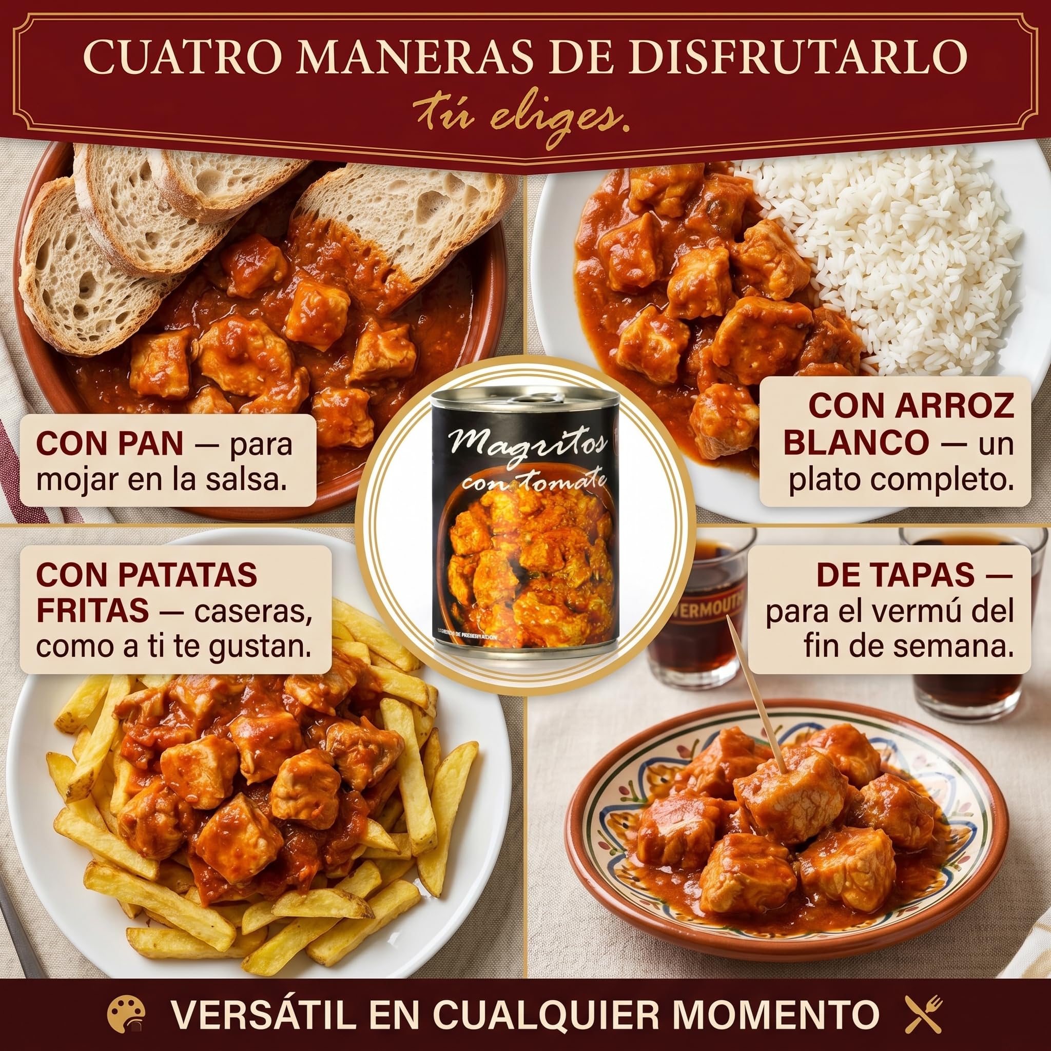 POLGRI Magro con Tomate de Cerdo en Lata 390 g x 3 latas Conserva de Carne Guisada Plato Preparado Receta Tradicional Manchega