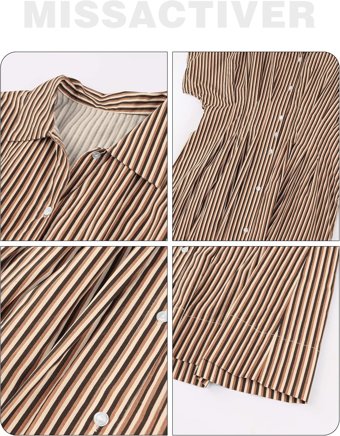 MISSACTIVER Button Front Pleated Shirt Dress for Women Summer Striped Short Sleeve Lapel V Neck Corset Maxi Dress - Image 5