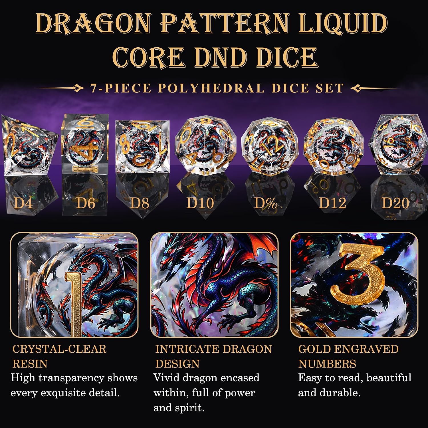 AUSTOR Dragon Pattern Liquid Core Dice 7-Die DND Dice Set, Black Dragon | Sharp Edge Dice, Polyhedral Dice Set, Quicksand Handmade Resin Dice, for RPG MTG Dungeons and Dragons Table Games