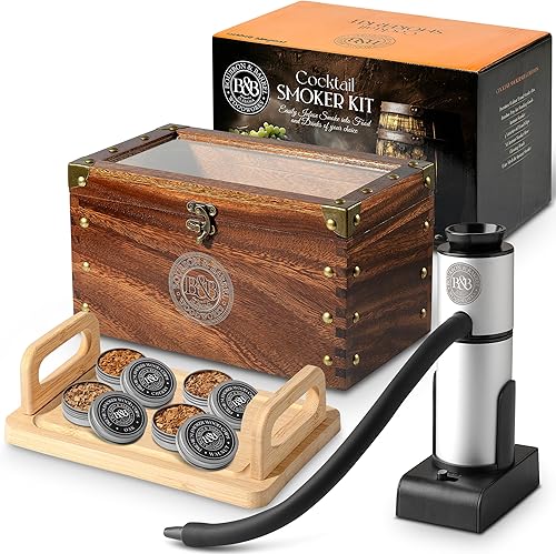 Bourbon & Barrel - Kit de ahumador de cóctel  Fabricado con madera de nogal  Kit de ahumador de whisky con ahumador instantáneo, caja de fumar,
