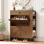 IRONCK Shoe Storage Cabinet with 2 Flip Drawers & Barn Door Design, Freestanding Shoe Cabinet Organizer with Drawer and Shelves for Entryway, Farmhouse Shoe Rack Cabinet, White/Walnut