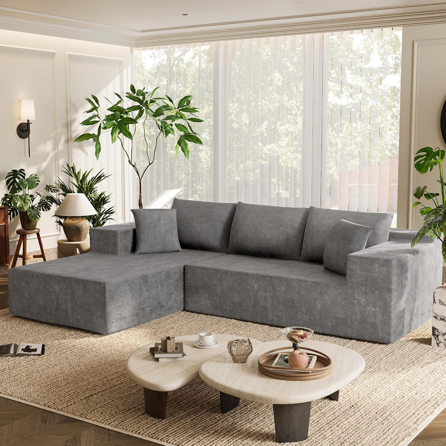 Homall 108" Modular Sectional Sofa, Boneless Couch with L-Shape Chaise, Cloud Couch with Deep Seat Upholstered, No Assembly Required for Living Room, Bedroom (Chenille, Grey)