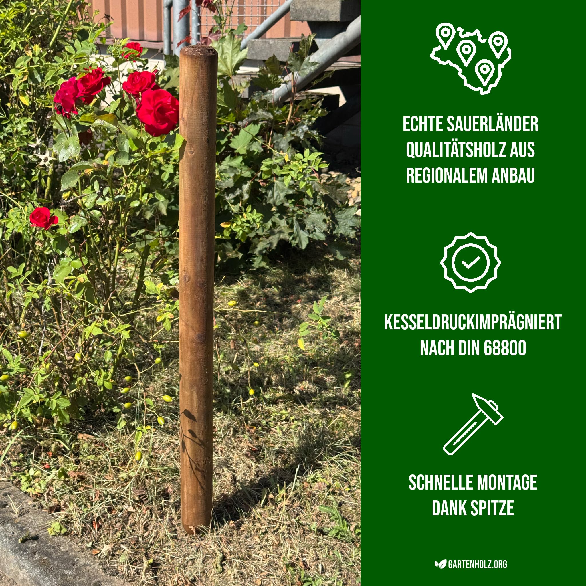 Juego de 10 estacas de madera redondas impregnadas de color marrón, 4,6 cm de diámetro, diferentes longitudes y grosores, ideales como postes de vallas, estacas de plantas o postes de árboles (125 cm