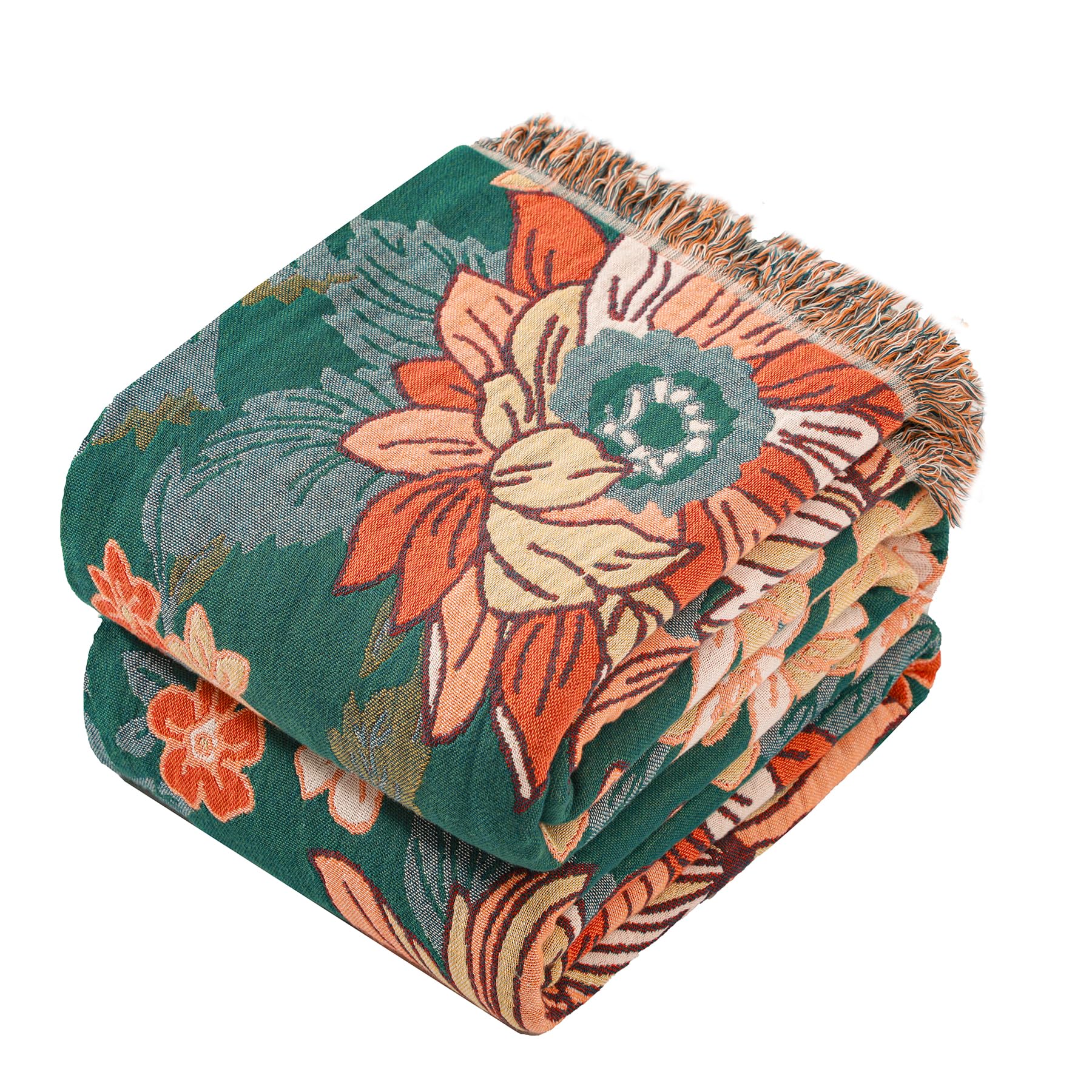 Dormilin 100% Cotton Boho Throw Blanket, 4-Layer Gauze Flower Pattern Bedspread, Lightweight All Season Blanket for Bed, Sofa and Couch, 130x150 CM, Green/Orange — image 1