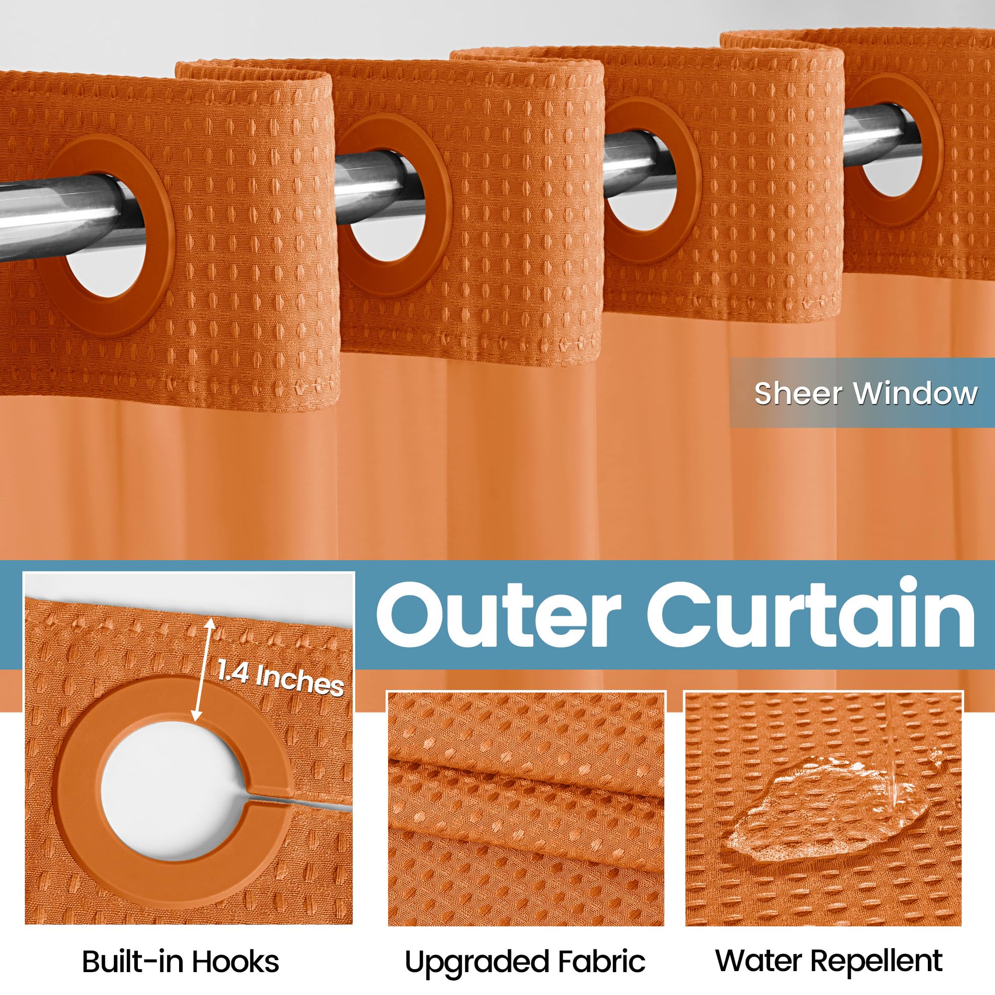 EUTXL Rideau de Douche sans Crochet avec Doublure à Clipser – 230 g/m² – Rideau de Douche à Tissage gaufré pour Salle de Bain – Orange brûlé – 180 x 188 cm (l x H)