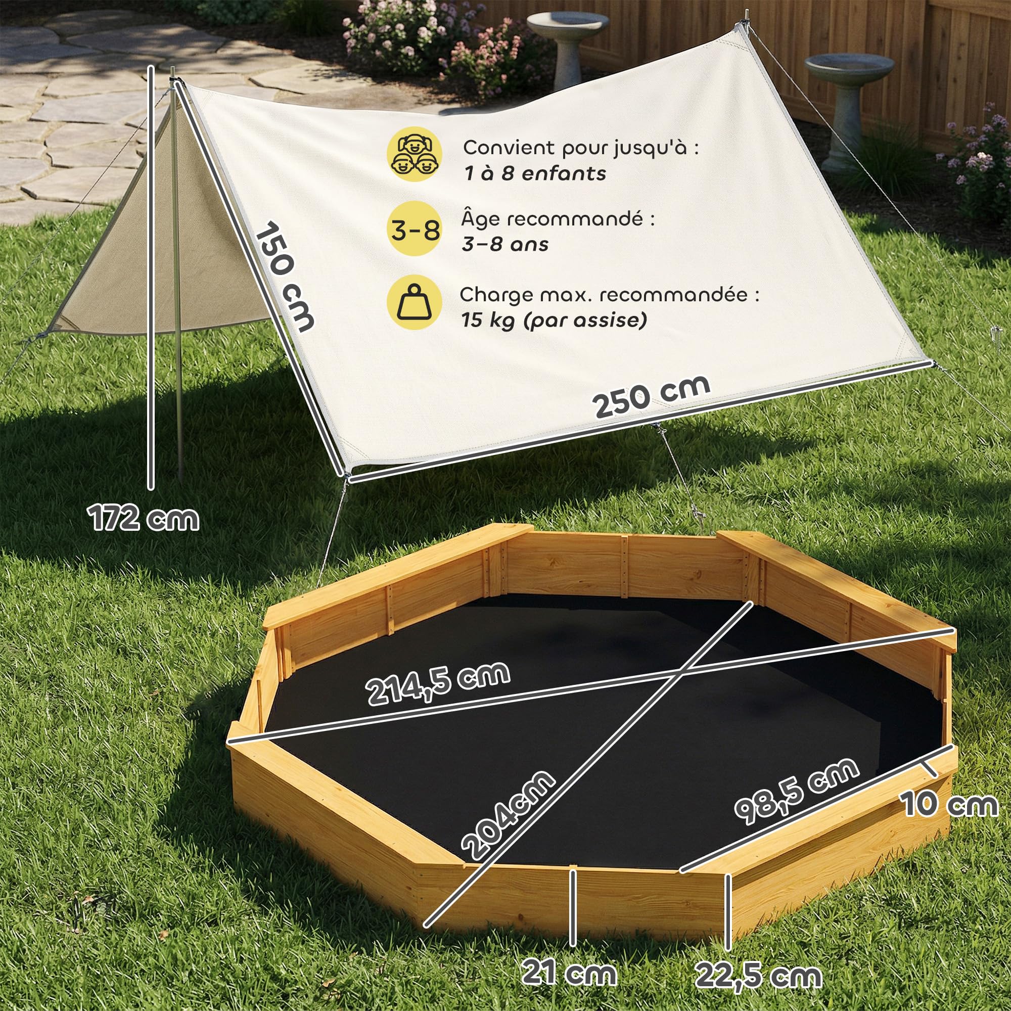 AIYAPLAY Bac à Sable en Bois avec auvent, bac à Sable Enfant extérieur avec 4 bancs, Doublure de Fond, Aire de Jeu extérieure pour 8 Enfants de 3 à 6 Ans, Jaune