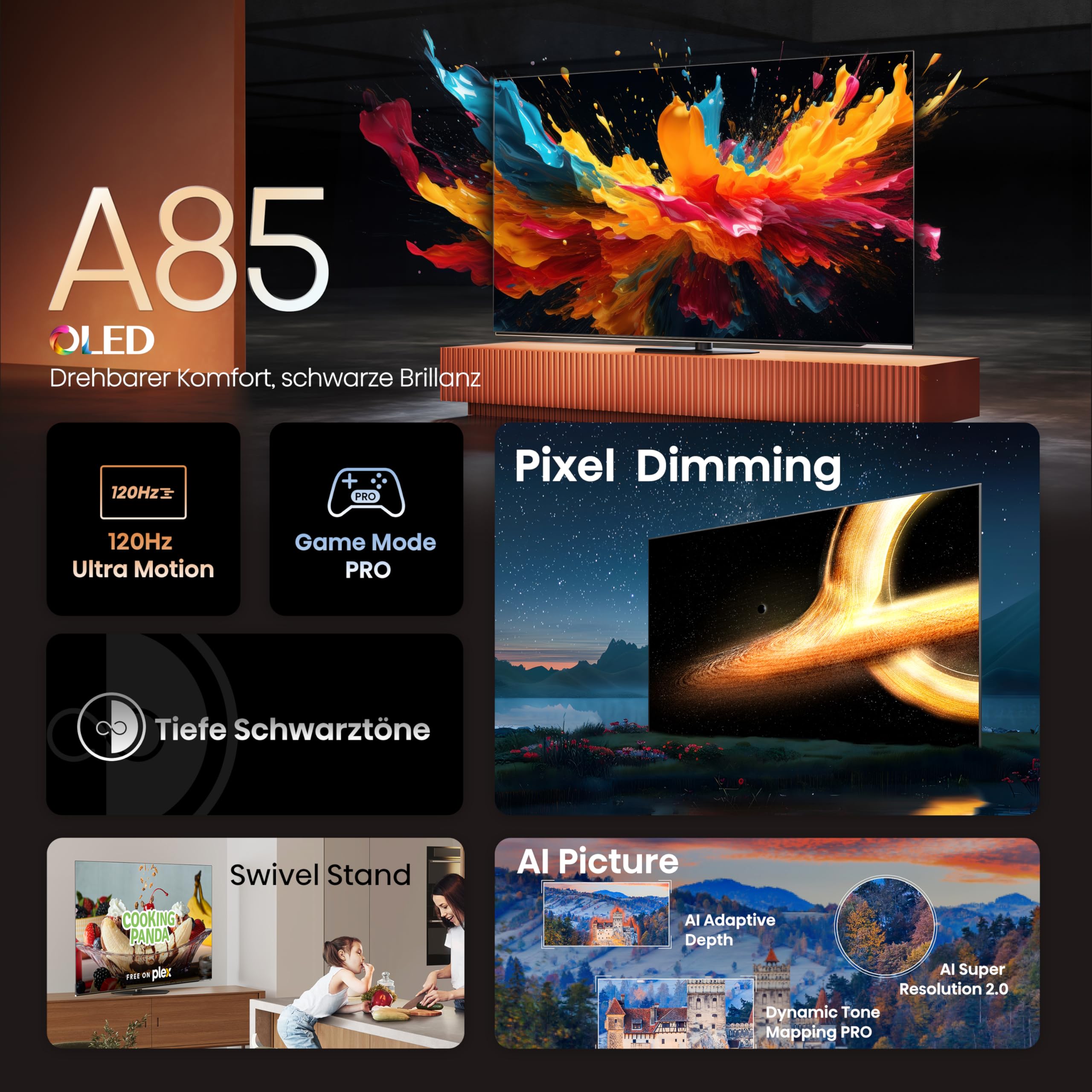 Hisense 65A85N 164cm (65 Zoll) Fernseher, 4K UHD OLED Smart TV,120Hz, HDMI 2.1, Game Mode Pro, AMD FreeSync Premium, Dolby Vision IQ & Atmos, Bluetooth, Alexa Built-in, Schwarz, [2024]