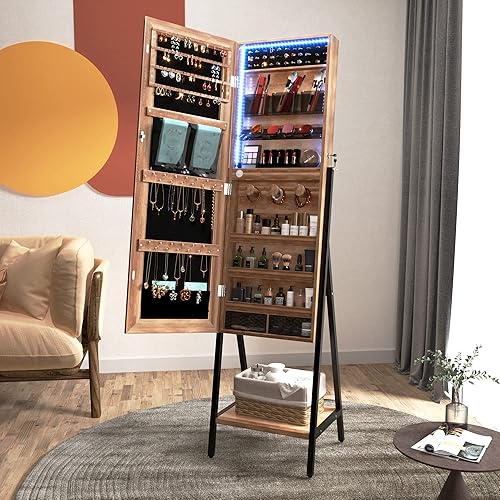 Miniatura 7 de LVSOMT Armario de joyería de 3 luces LED de longitud completa, espejo de pie con almacenamiento de joyas, organizador de espejo grande con cerradura