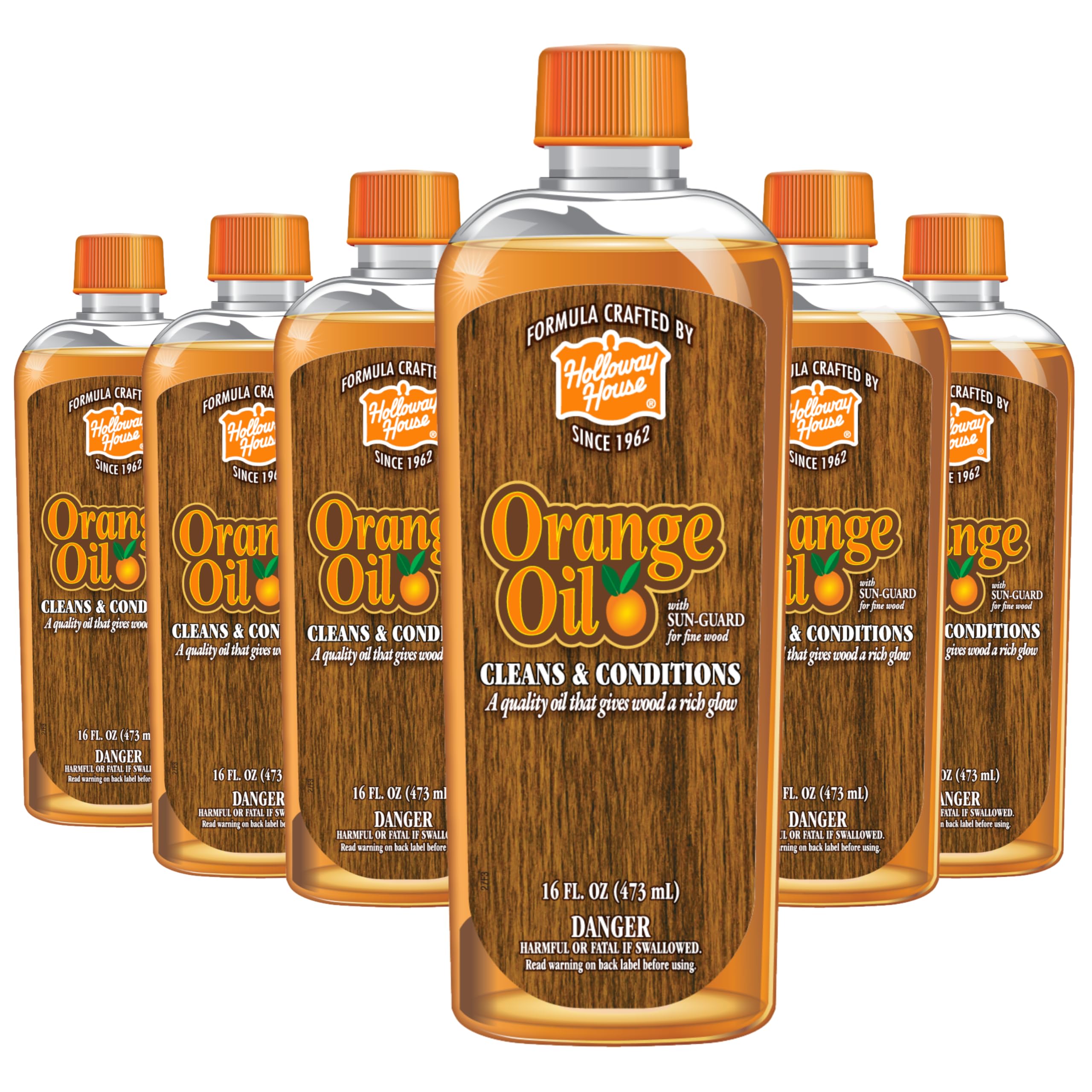 Orange Oil Cleaner 16oz, 6Pk w/Sun-Guard for Fine Wood | Cleans & Conditions | Removes Soap Scum from Shower Doors, Stainless, Tile & Sinks | Natural Oil That Gives Wood a Rich Glow