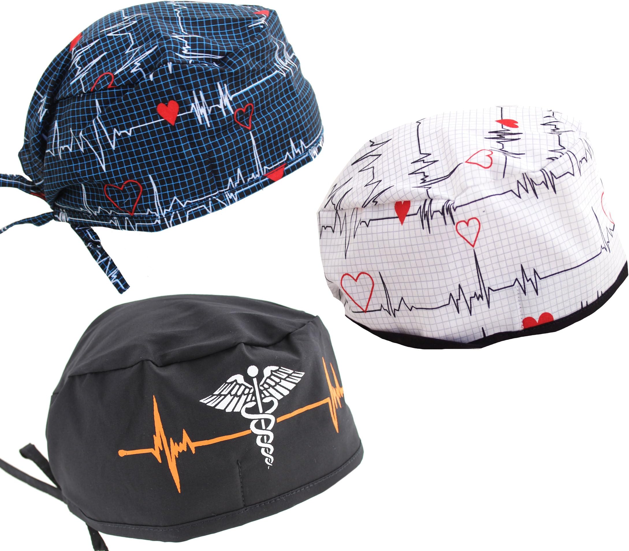 Set of 3 EKG Medical Doctor Nurse Scrub Caps Hat Navy Blue, White & Black Heart Beat