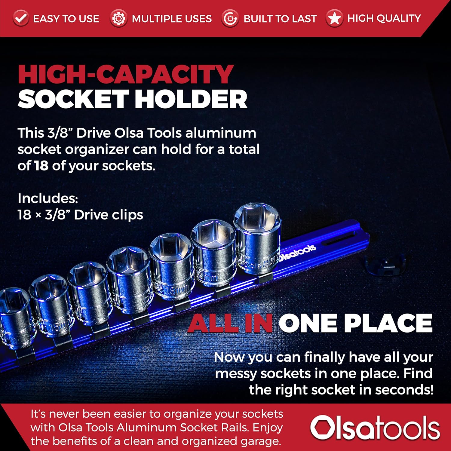 Olsa Tools 3-Pc Set Aluminum Socket Organizer - Locking End Caps - 1/4-Inch Drive x 24 Clips, 3/8-Inch Drive x 18 Clips, 1/2-Inch Drive x 16 Clips - Professional Quality - Red - Part: 1173