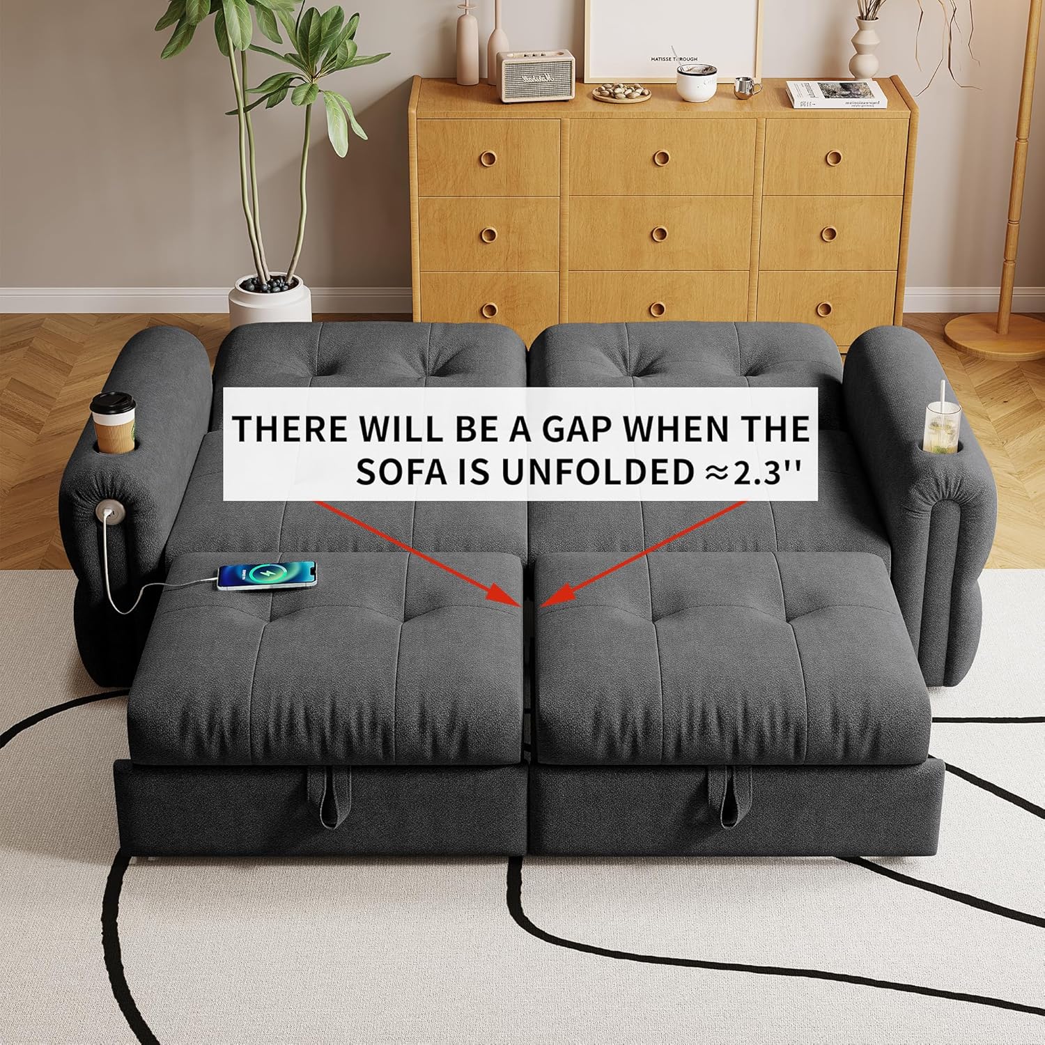 77'' Pull Out Couch Full, Chenille Sleeper Sofa with 5-Minute Assembly, Convertible Futon Sofa Bed, Adjustable Backrest, USB, 2 Cup Holders, Loveseat for Living Room, Office, Dark Gray
