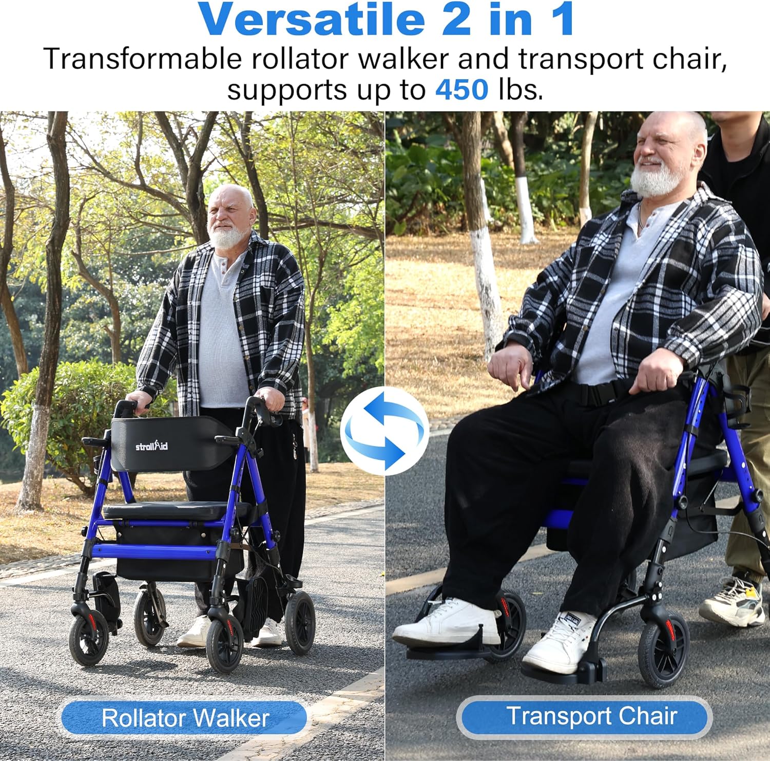 Walkers for Seniors 2 in 1 Wheelchair Combo, 450 lb Foldable Rollator Transport Chair with Seat, Heavy Duty Rolling Walker 10" Wheels for All Terrain, Blue