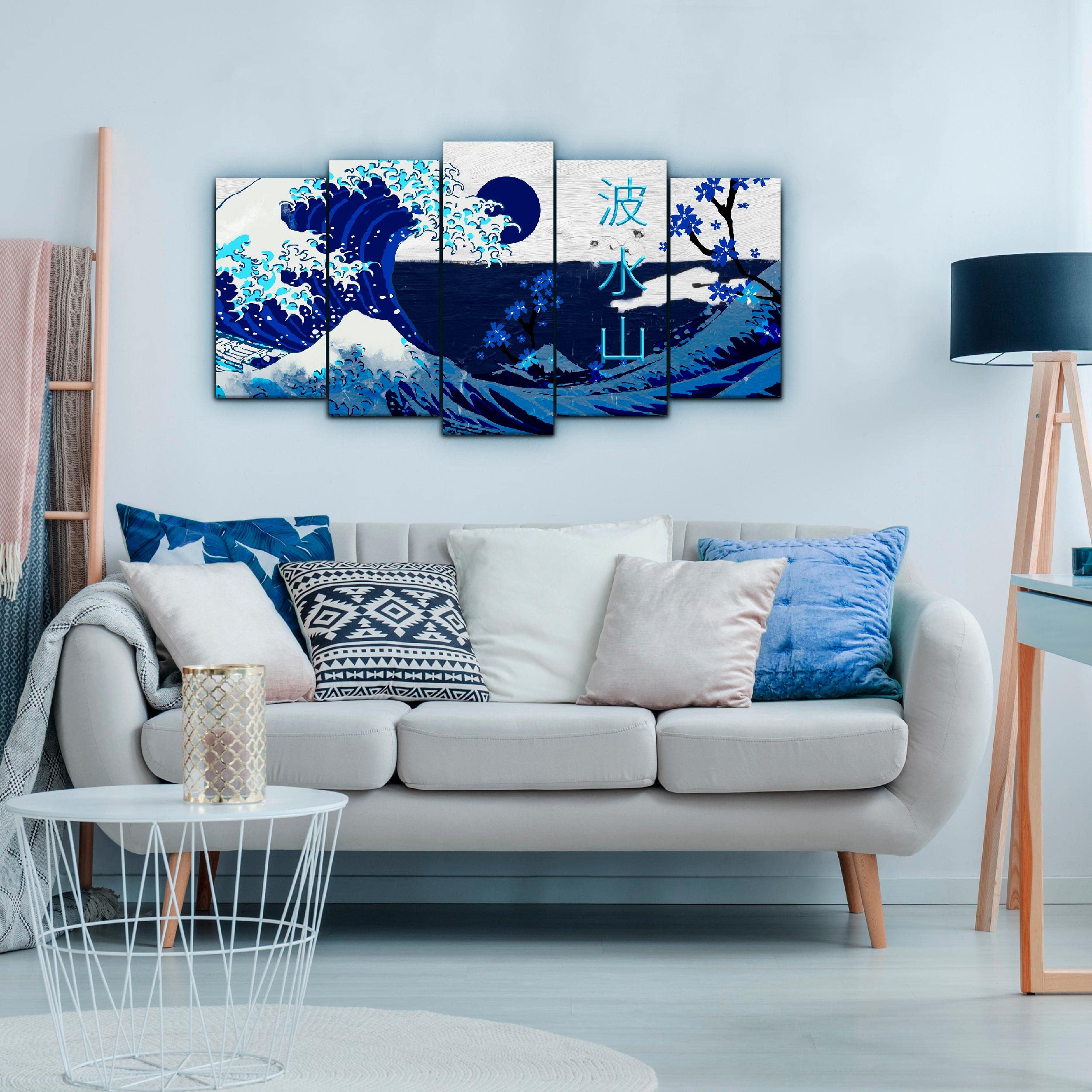 DekoArte - Cuadros Modernos Impresión Imagen Artística | 5 Piezas 150x80cm | Lienzo Decorativo Para Tu Salón o Dormitorio | Estilo Abstractos Arte La Gran Ola De Kanagawa azul