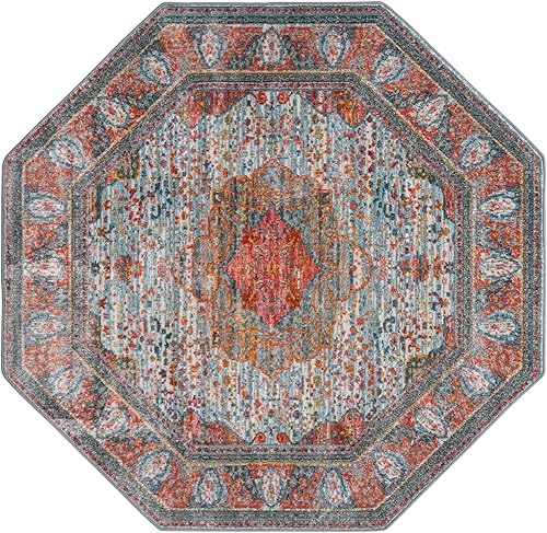 Miniatura 3 de Unique Loom Baracoa Collection - Alfombra malecón (octágono de 5 pies 1 pulgada, azul claronaranja)