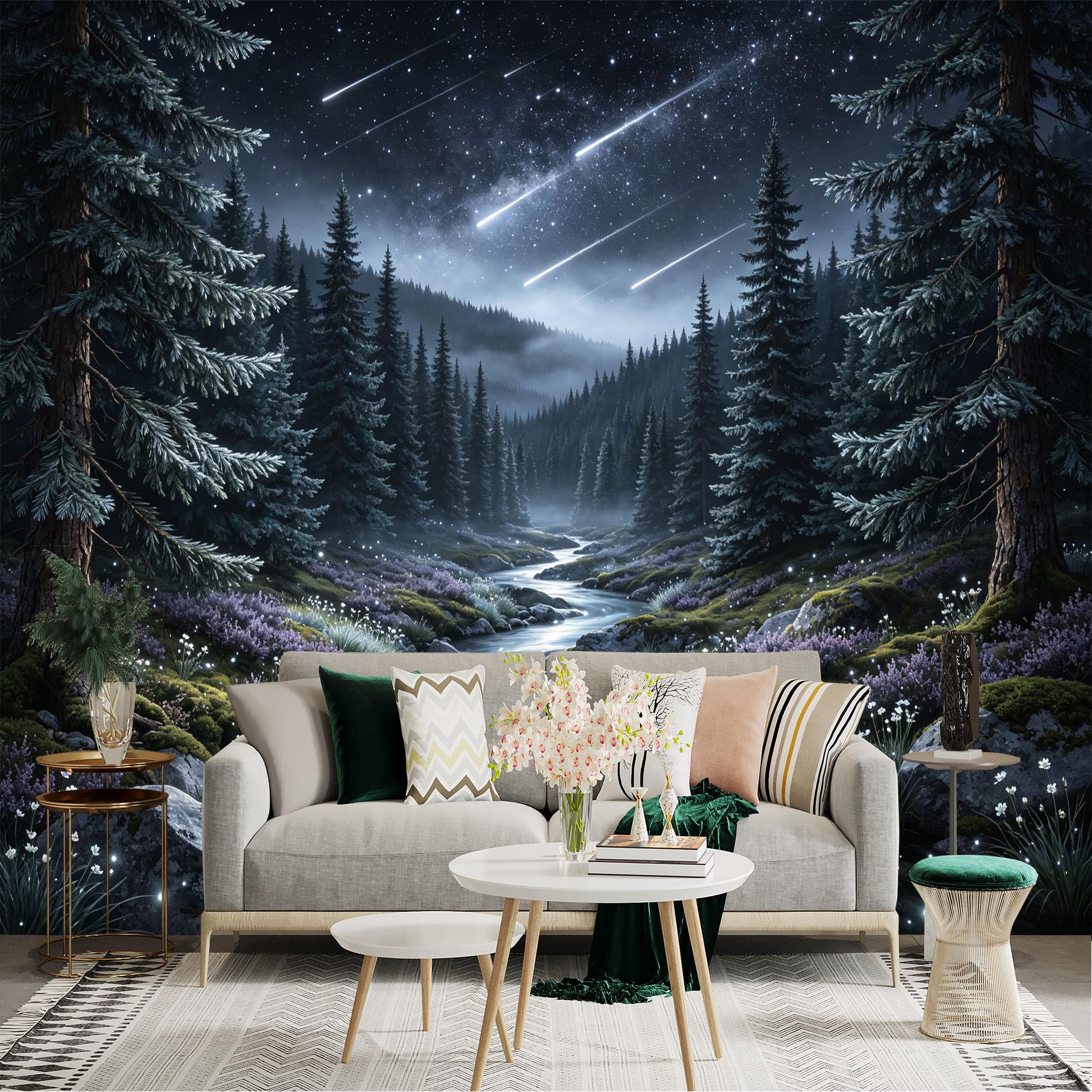 Lnzczhyre Bh260719040 Custom Size Wall Sticker Mural， Enchanted Night Forest With Flowing Stream， Starry Sky And Shooting Stars， For Wall Decoration， Peelandstick Wall Decals.
