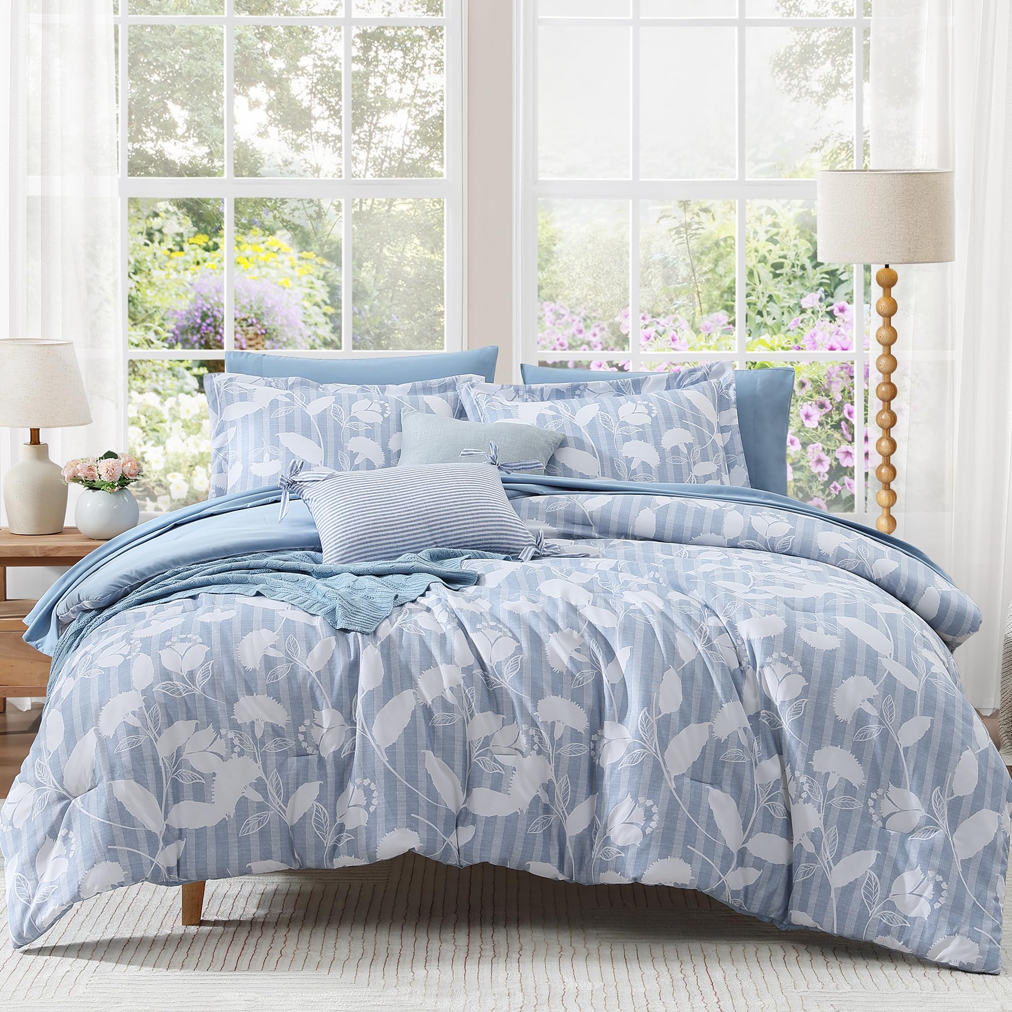 Queen Comforter Set -7 Pieces Blue Floral Comforter Set for All Seasons, Bed in a Bag Queen with Botanical Flowers Comforter, Sheets, Pillowcases & Shams