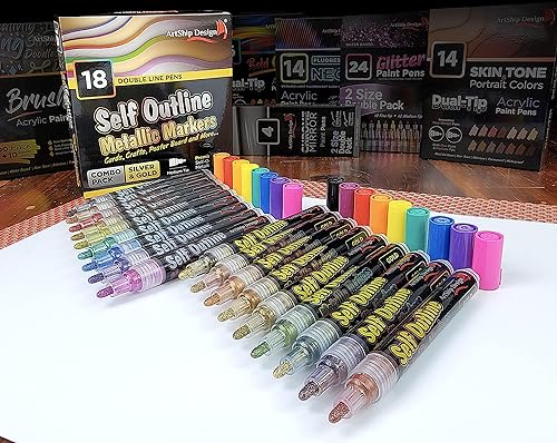 Miniatura 2 de ArtShip Design Paquete combinado de 18 bolígrafos de pintura con brillo metálico dorado y plateado, barriles extra grandes, marcadores permanentes