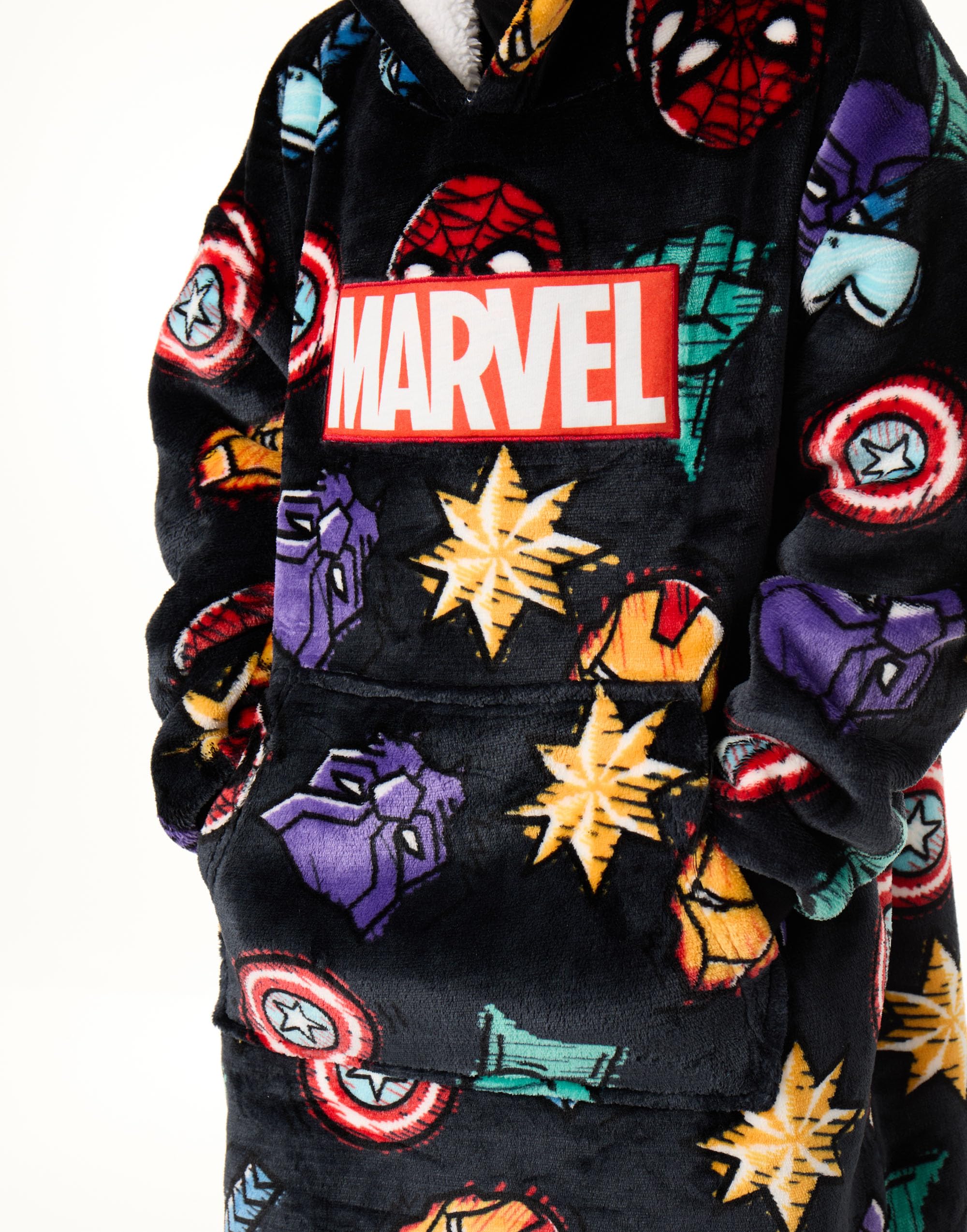 Marvel Sudadera con Capucha para niños | Jersey Polar con Capucha para niños en Gris Oscuro con Estampado Integral de íconos de superhéroes | Ropa de Estar por casa con Forro Sherpa y Bolsillos