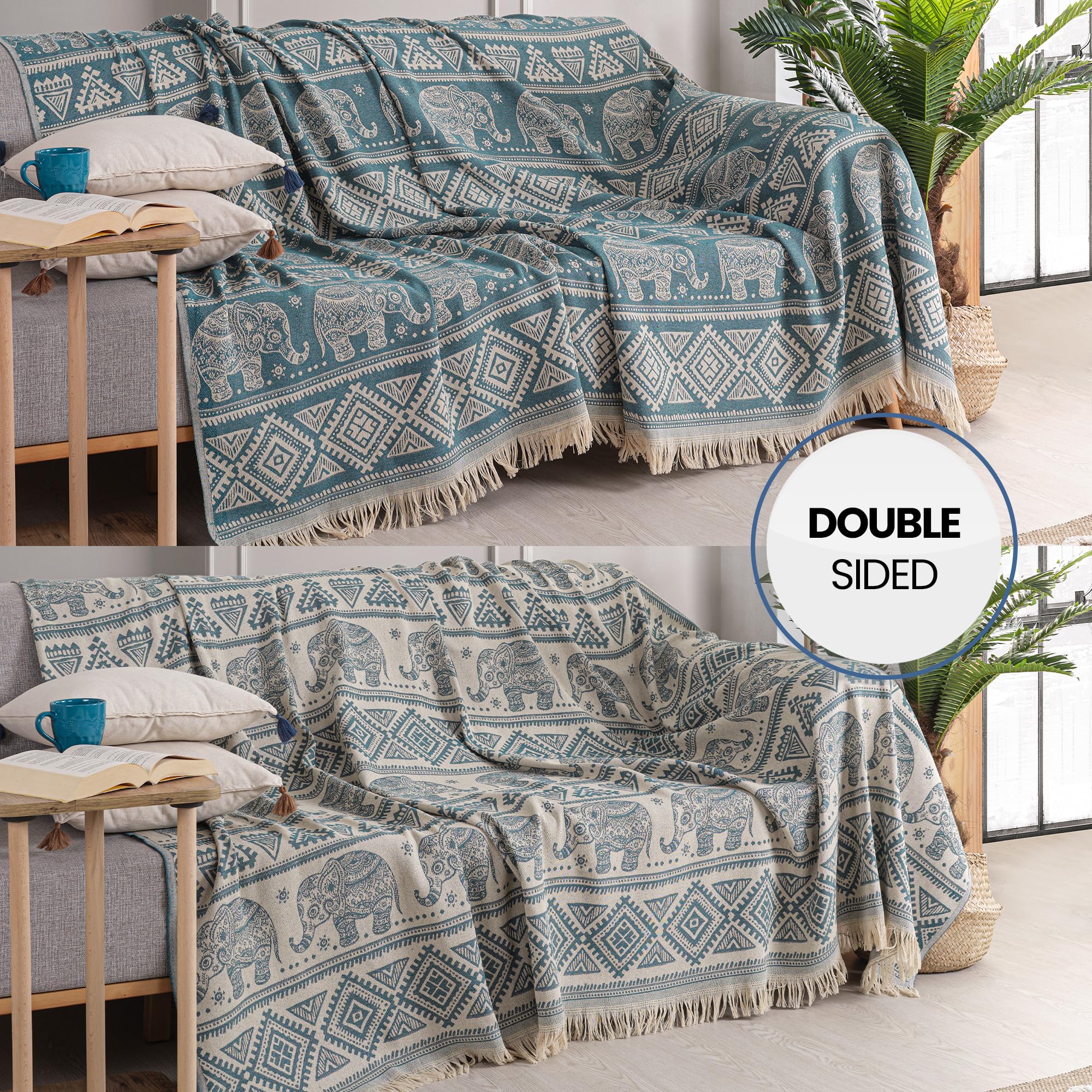 Milam London Boho Throw Blanket, Teal Blue, 220 x 240 cm - Image 2